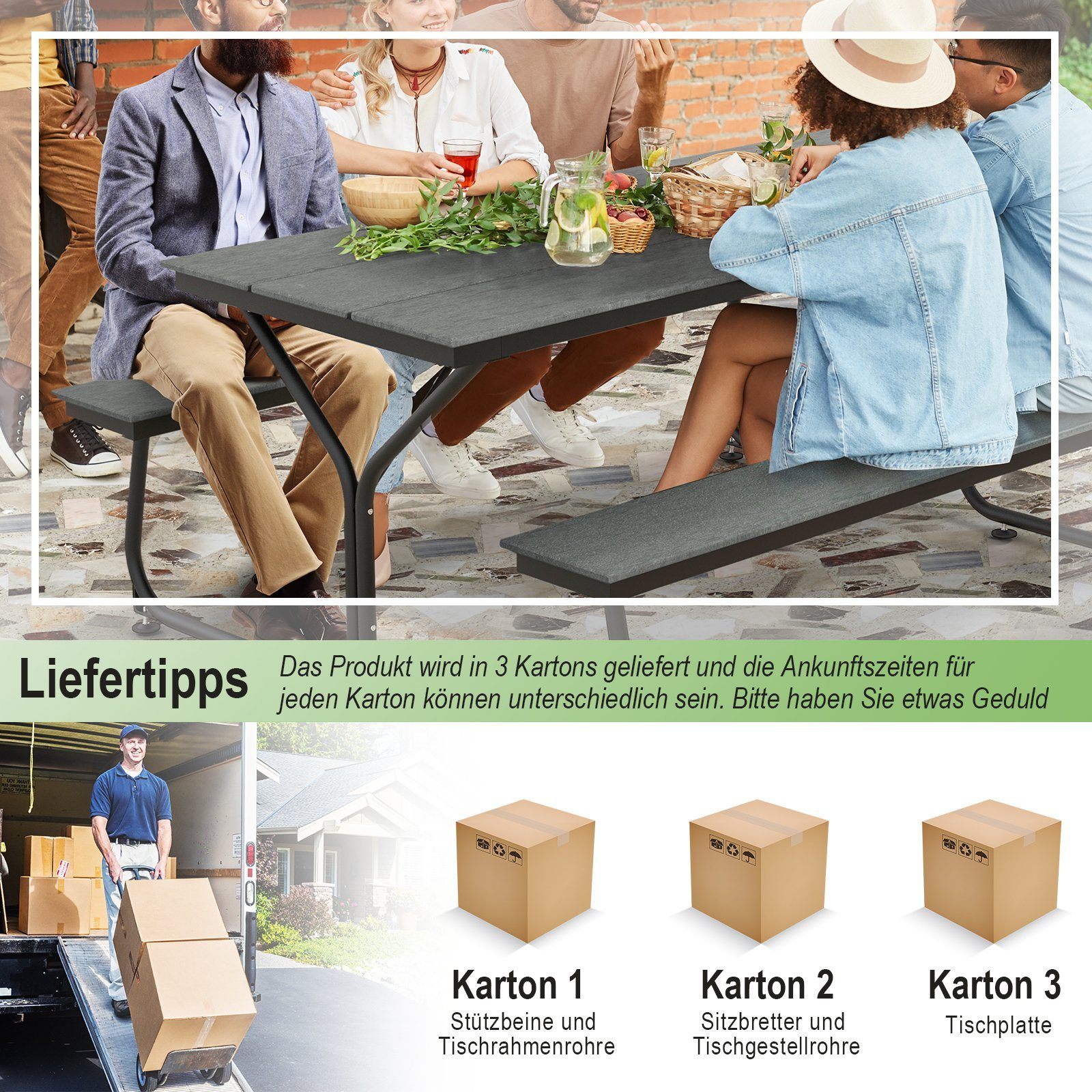 COSTWAY Bierzeltgarnitur 1 Biertisch & 2 Bänke, (3-tlg), mit 183 x 78,5 cm Tischplatte