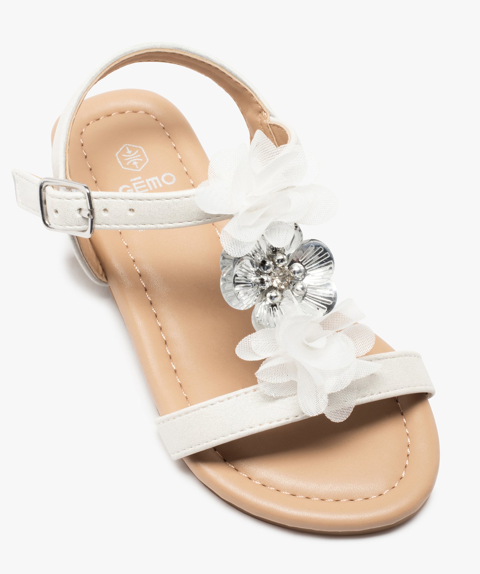 Sandales fille unies à fines brides et fleurs en tulle blanc | GEMO
