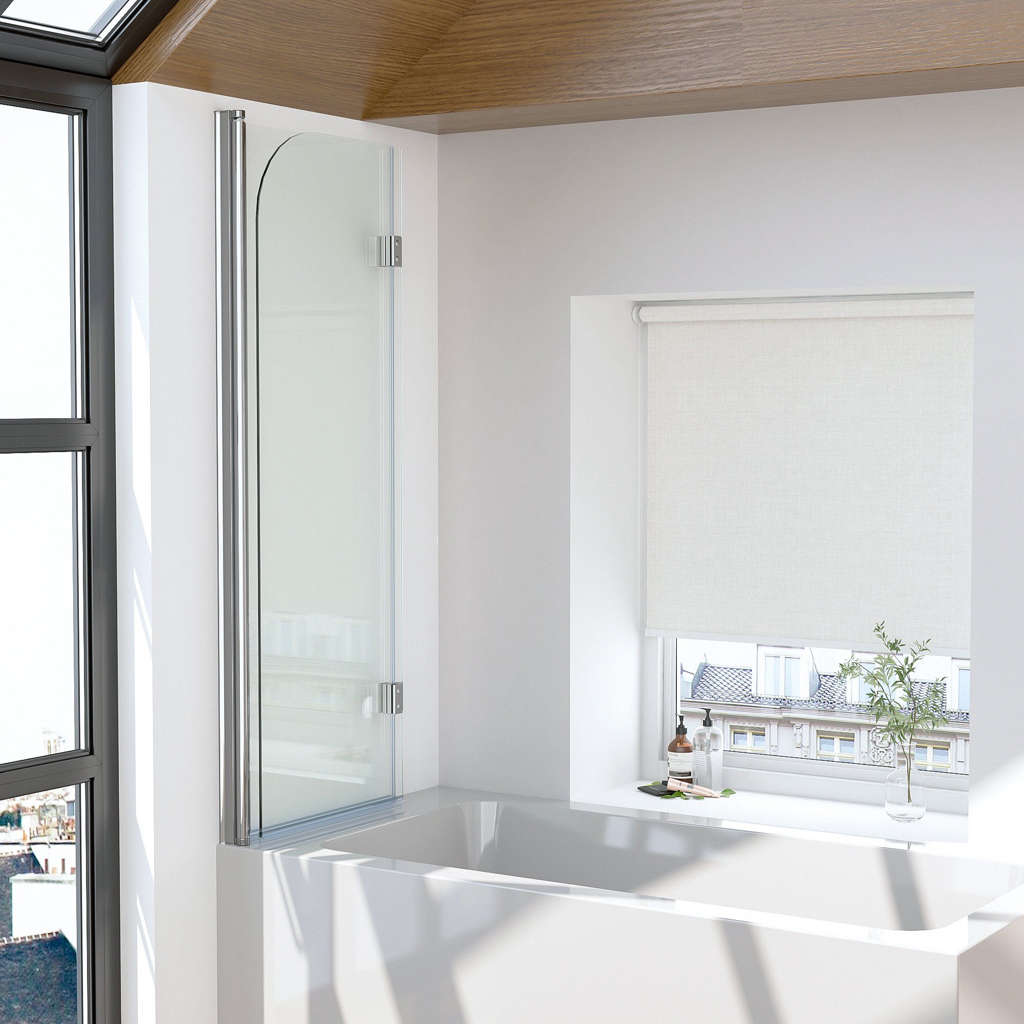 Boromal Badewannenaufsatz Duschwand für Badewanne 2teilig 120x140 Schwarz / Chrom Duschtrennwand, (Klarglas /Teilsatiniert glas), Badewannenfaltwand Glaswand 6mm ESG Glas
