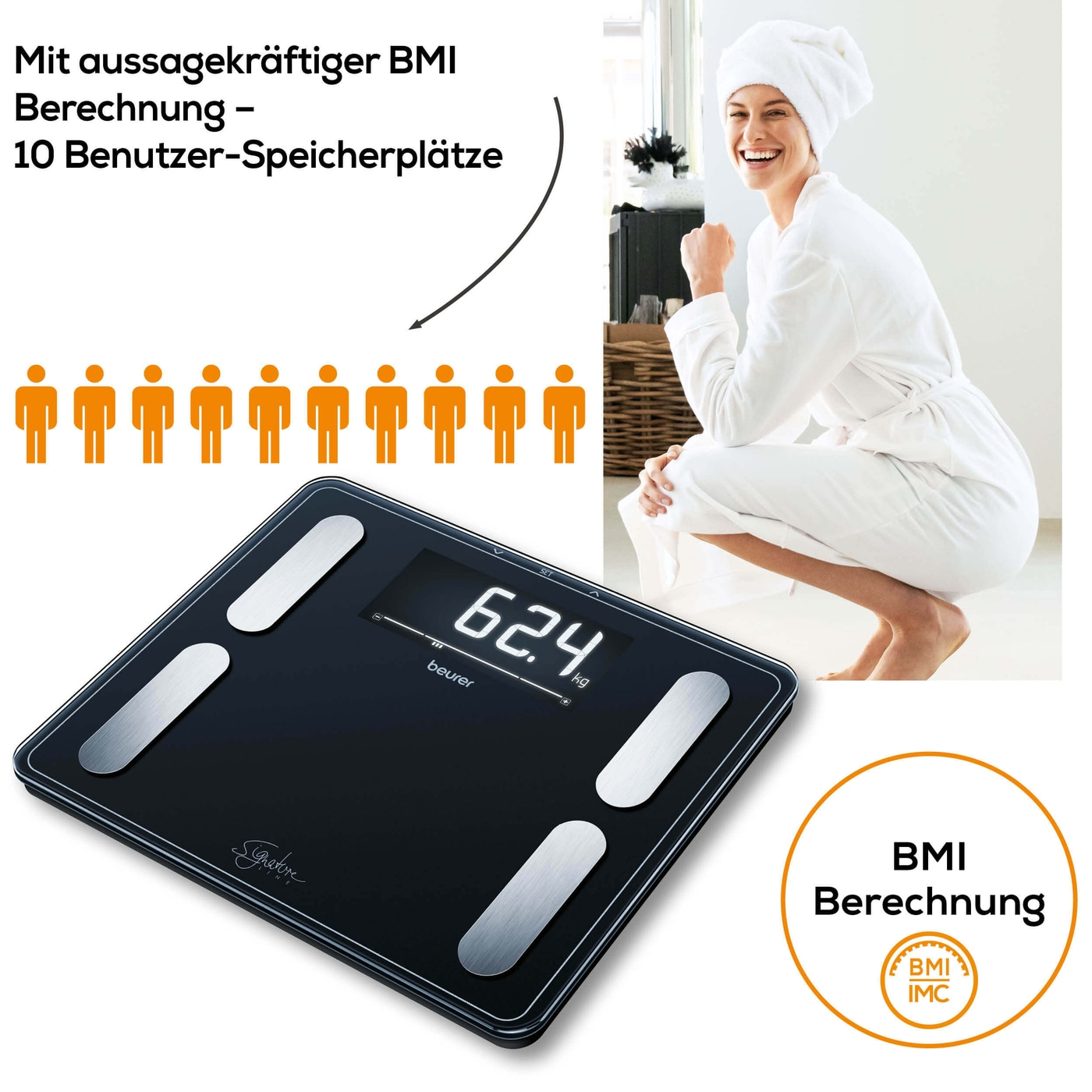 Beurer Diagnosewaage BF 410 SignatureLine White-Körperfettwaage mit Ganzkörperanalyse, Interpretation der Messwerte & XXL-Display - bis 200 kg