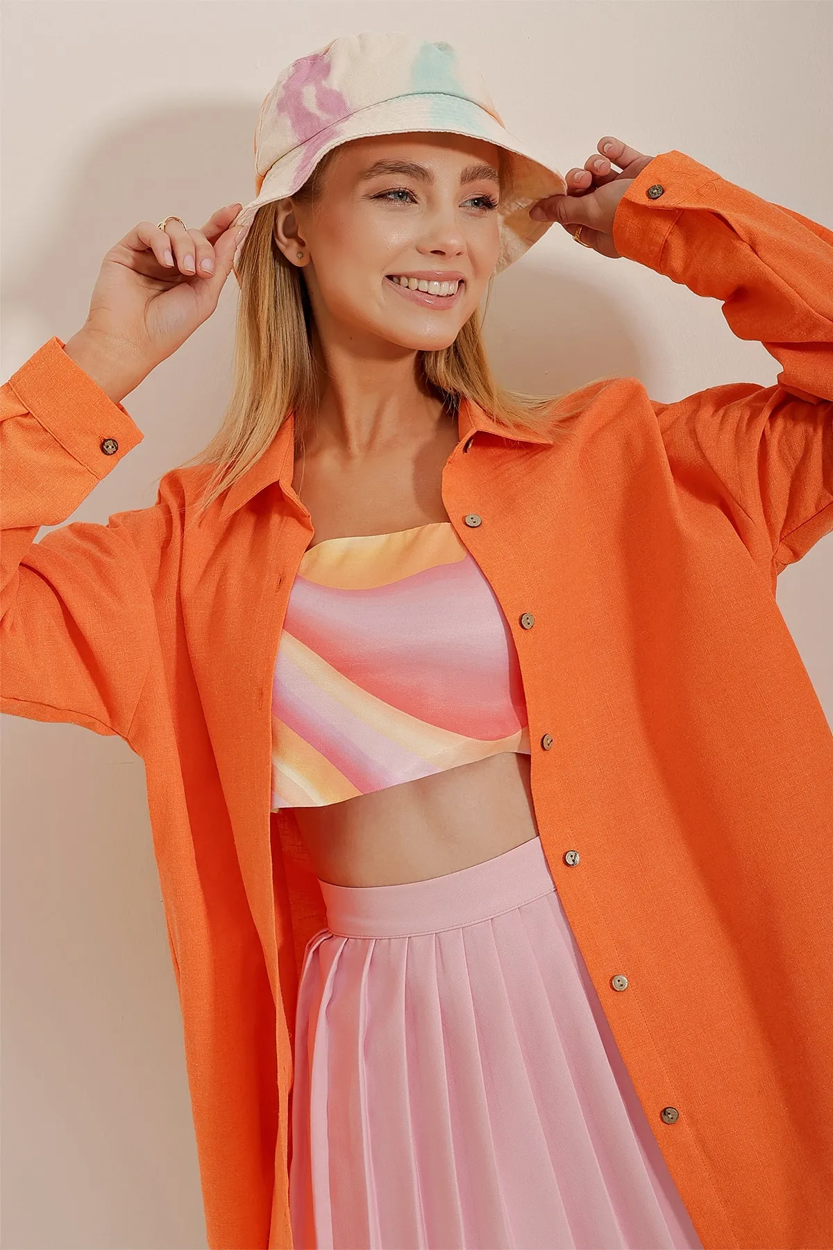 Trend Alaçatı Stili  Lachsfarbener gemusterter Anglerhut für Damen ALC-X10350