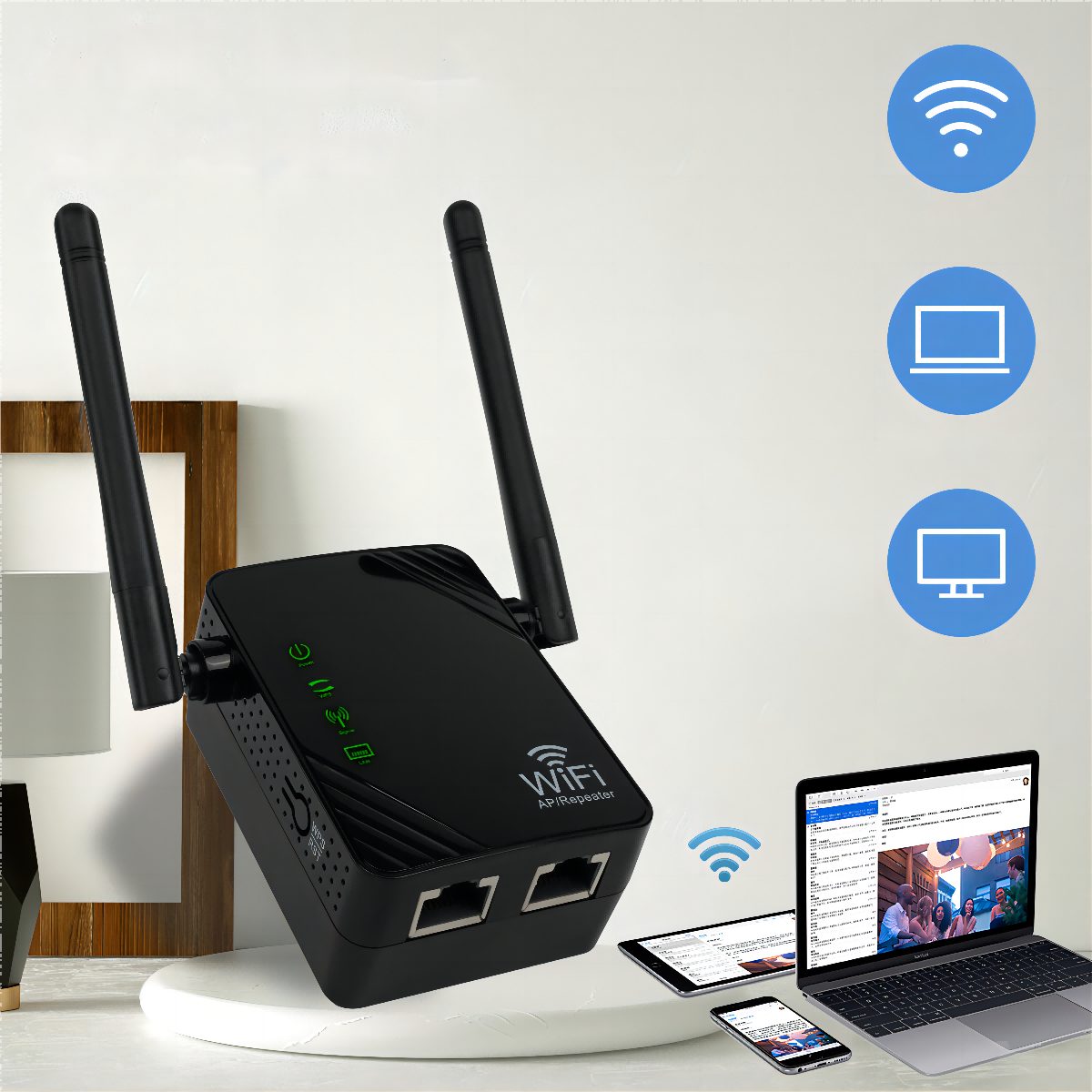 MULISOFT WLAN Verstärker, 300Mbit/s, 2.4G Internet Repeater mit LAN Anschluss WLAN-Repeater, WLAN-System Abdeckung: bis zu 100QM, 2 Ports, WPS Funktion Willigt IEEE802.11b/g/n