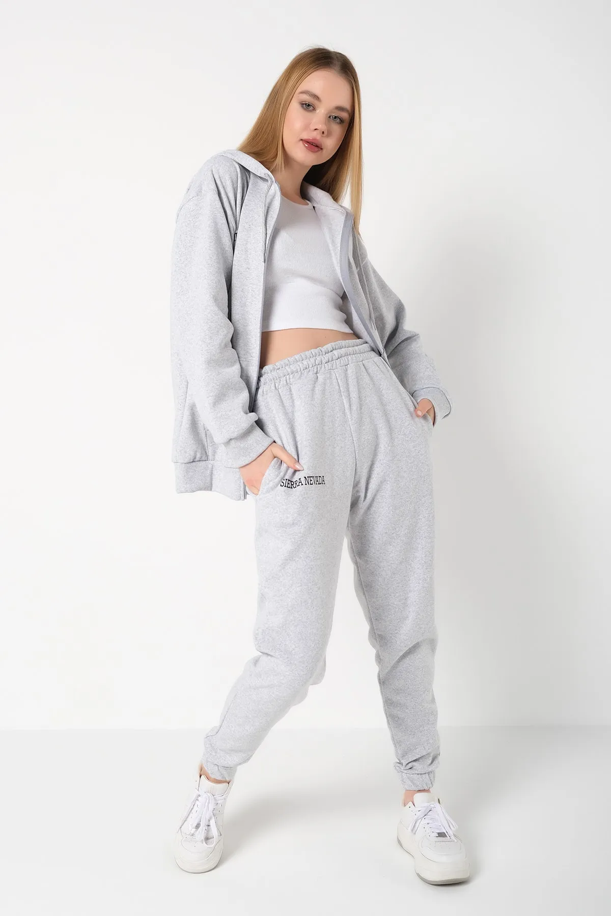 Know  Grauer Sierra Nevada bedruckter Cardigan-Jogger-Trainingsanzug für Damen