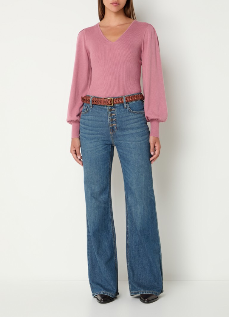 Ralph Lauren Rib-knit top with balloon sleeves and V-neck