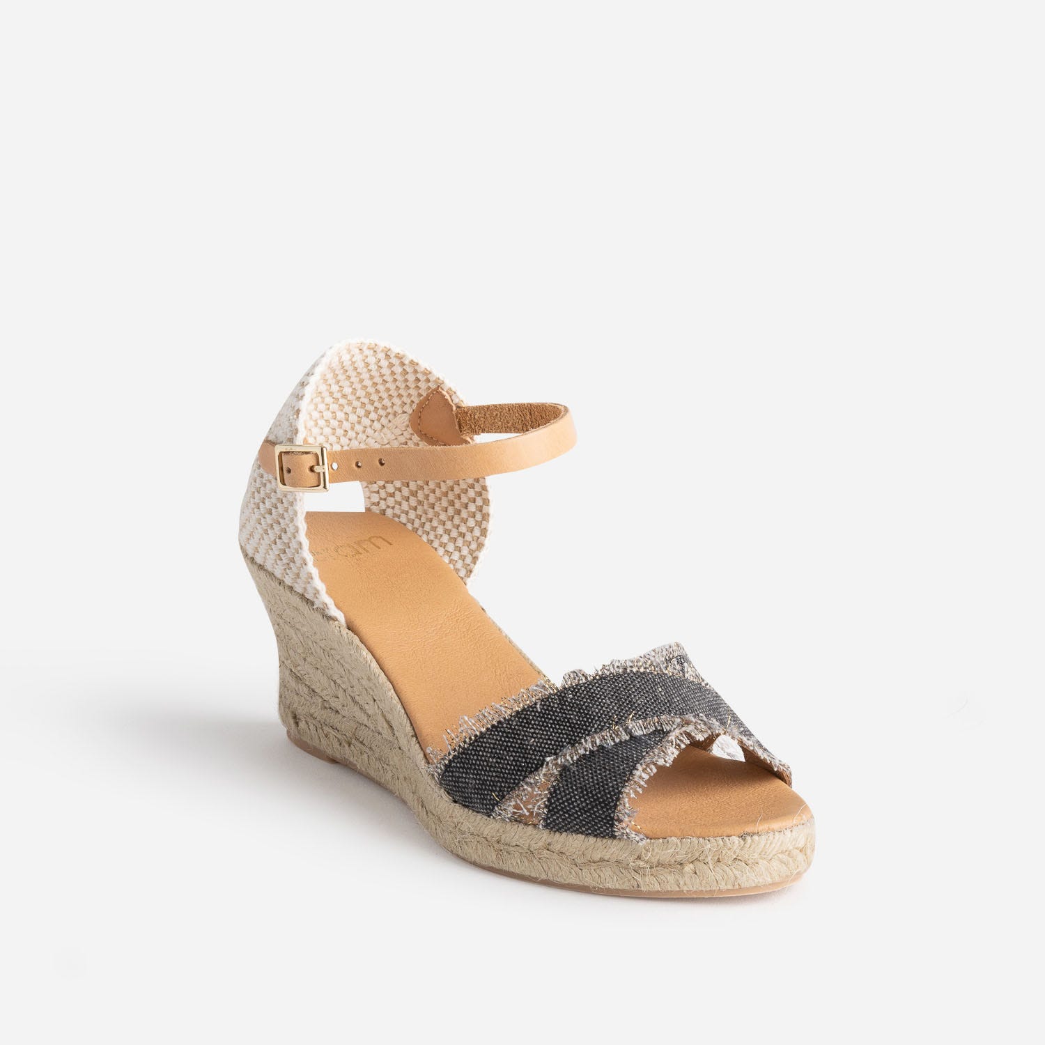 Sandale compensée beige pailleté doré en toile