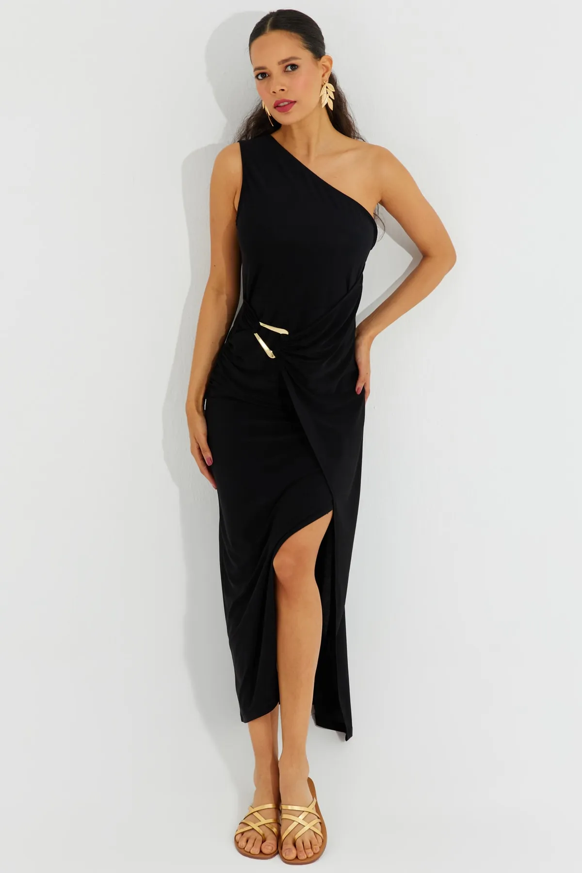 Cool & Sexy  Schwarzes One-Shoulder-Maxikleid mit Schnalle für Damen BK1658
