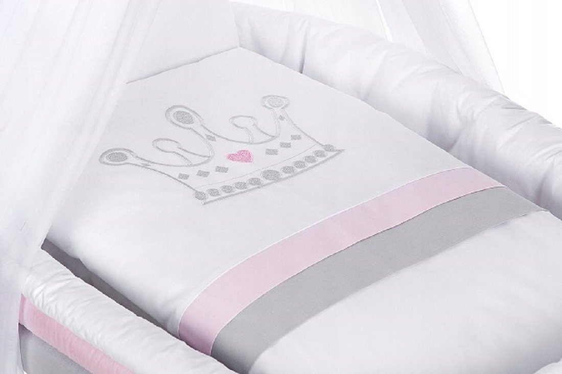 Babybettwäsche Baby Stubenwagengarnitur 7-tlg. KRONE rosa/blau/grau OHNE BETT, Babyhafen, mit Matratze