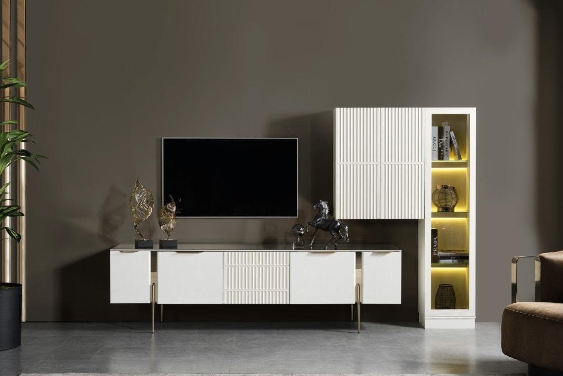 JVmoebel Wohnwand Weißer TV-Ständer Designer Wandschrank Edelstahl Luxuriöser Set, (1-St., Vitrine, TV Ständer, Wandschrank), Made in Europa