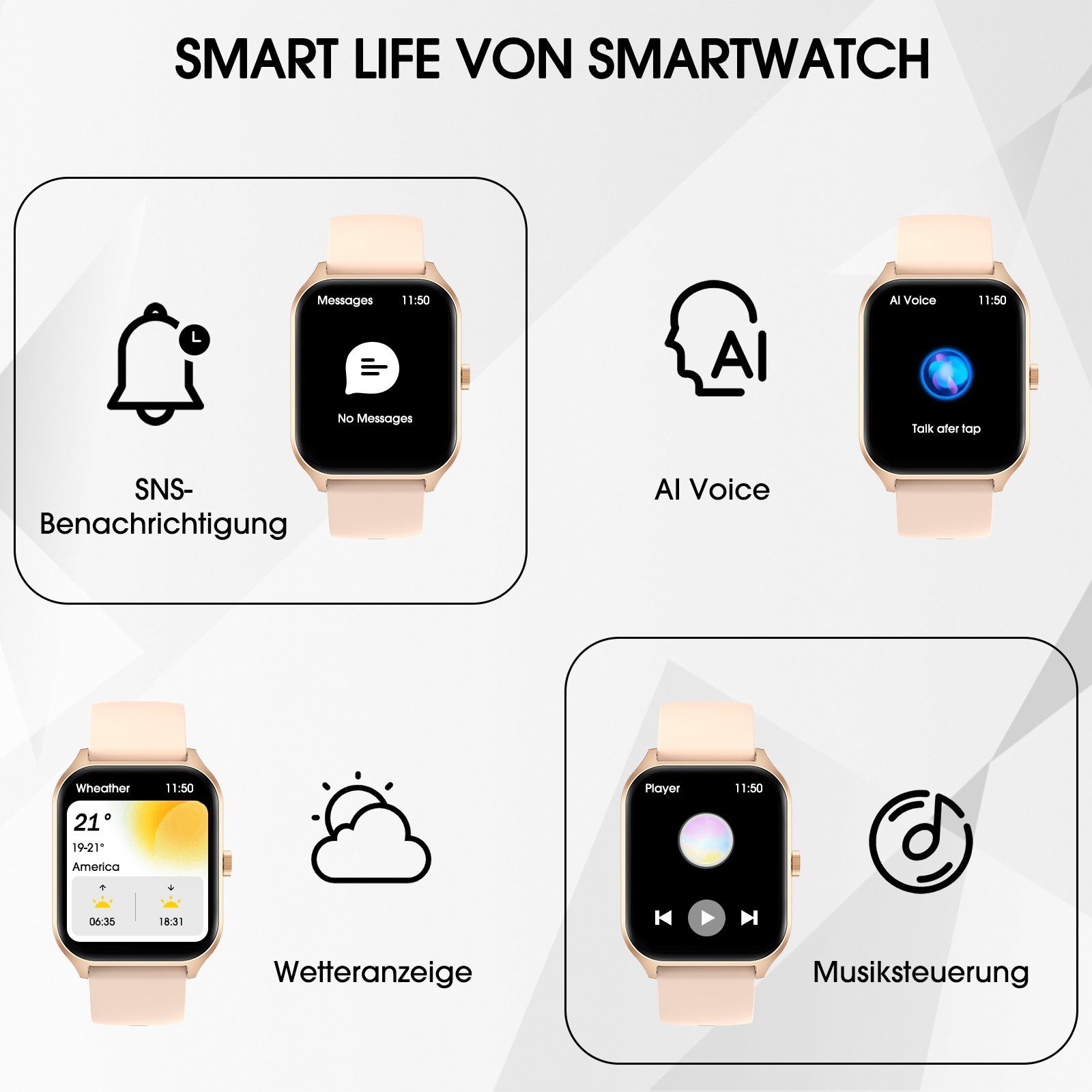 Yuede Smartwatch, Fitness Tracker uhr mit Anruffunktion für Damen und Herren Smartwatch (Quadratischer 1,96-Zoll-HD-Full-Touch-Farbdisplay Zoll) Gesundheits-Uhren mit Blutsauerstoff, Blutdruckmessung, Herzfrequenz, Schlafqualität, Schrittzähler, AI V