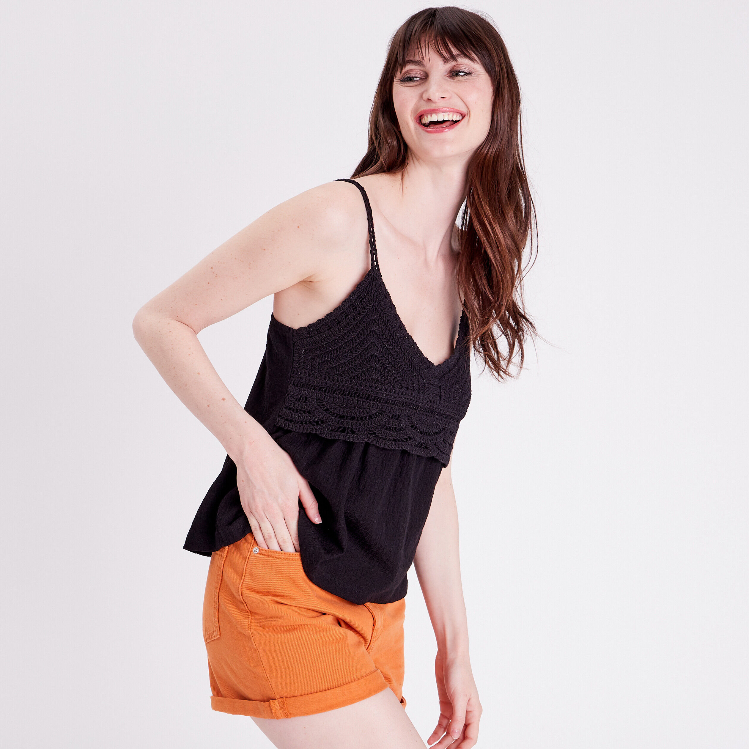 Débardeur col aspect crochet noir femme | Cache Cache