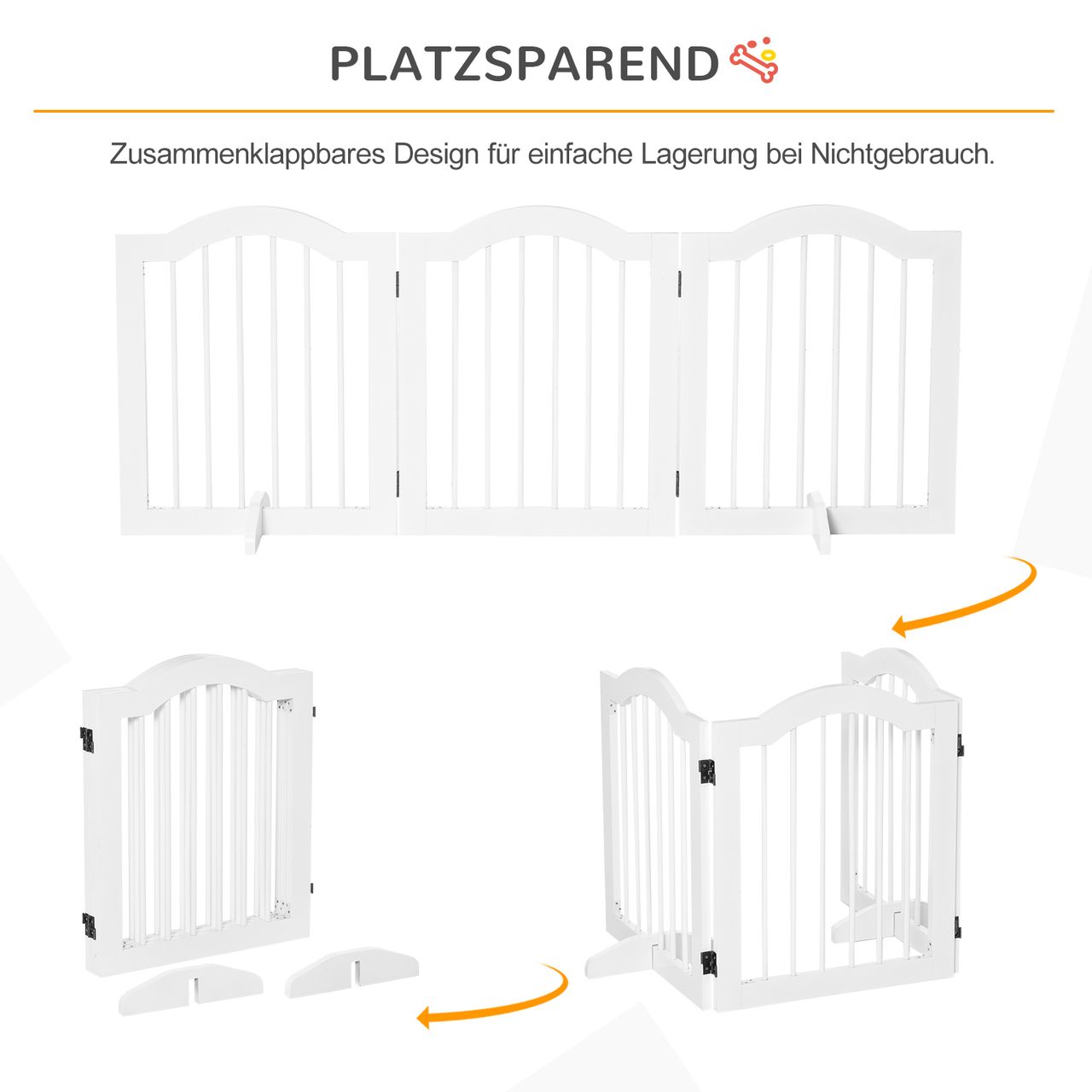PawHut Hunde Absperrgitter Schutzgitter Hundegitter Konfigurationsgitter 3-teilig mit zwei Stützfüßen stabil faltbar Treppengitter Hundeabsperrgitter Türschutzgitter MDF Weiß 154,5x29,5x61 cm