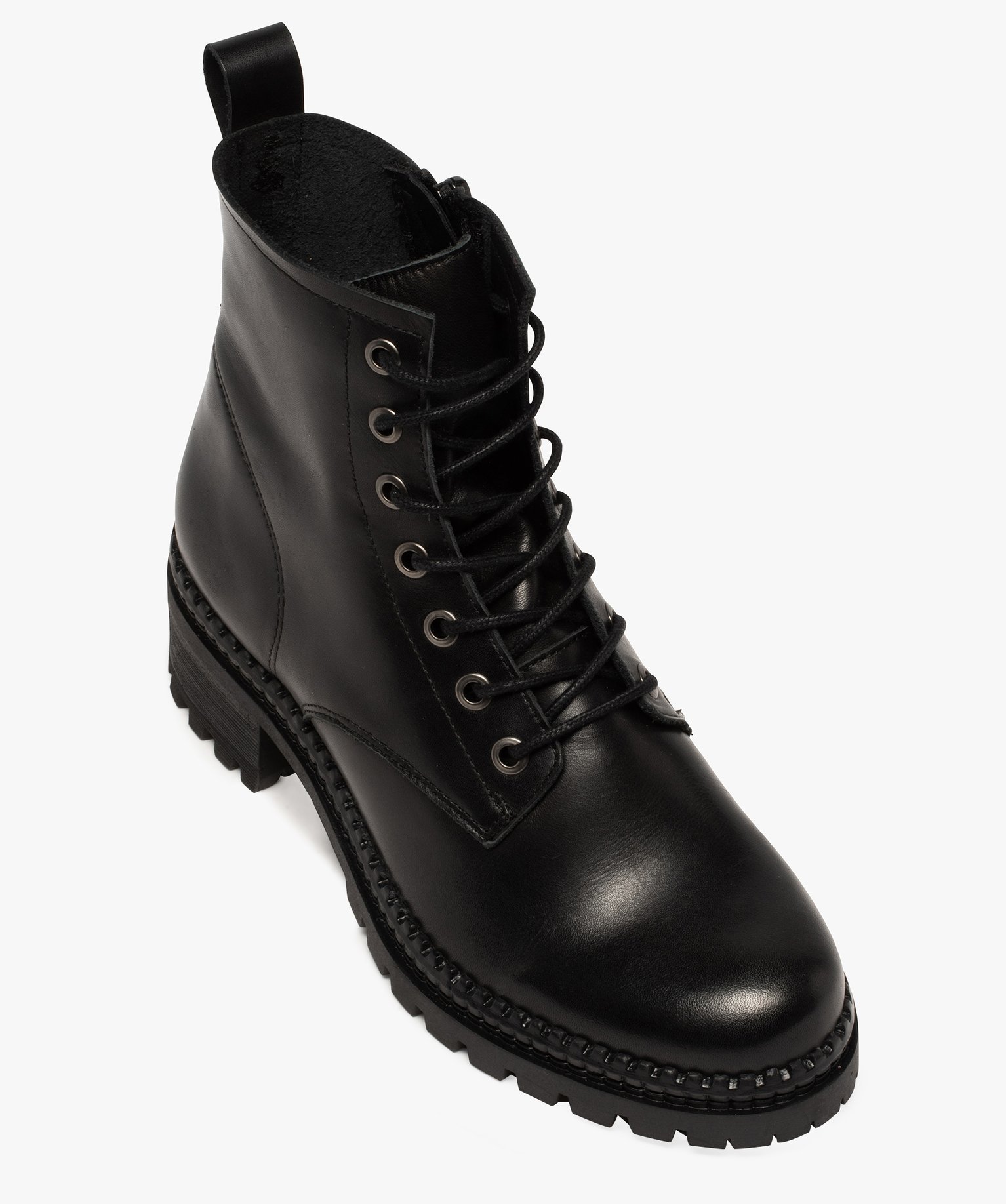 Boots femme dessus cuir uni à lacets et semelle crantée noir | GEMO