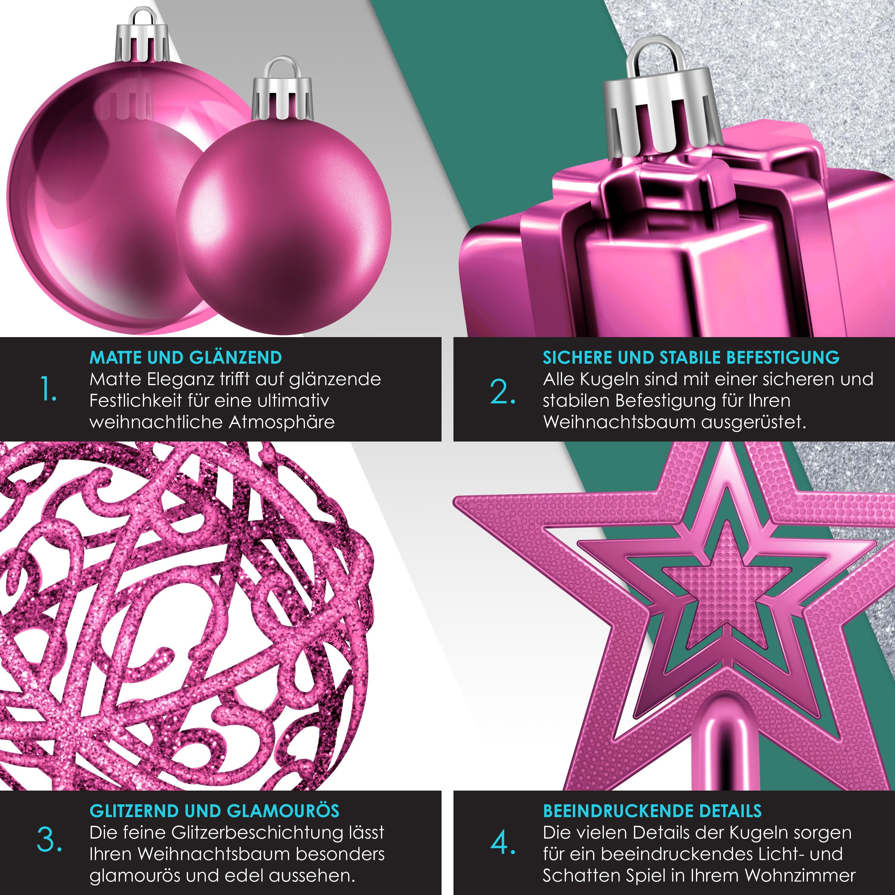 KESSER Christbaumschmuck (102-tlg), Weihnachtskugeln 102-teiliges Set Baumspitze Christbaumkugeln