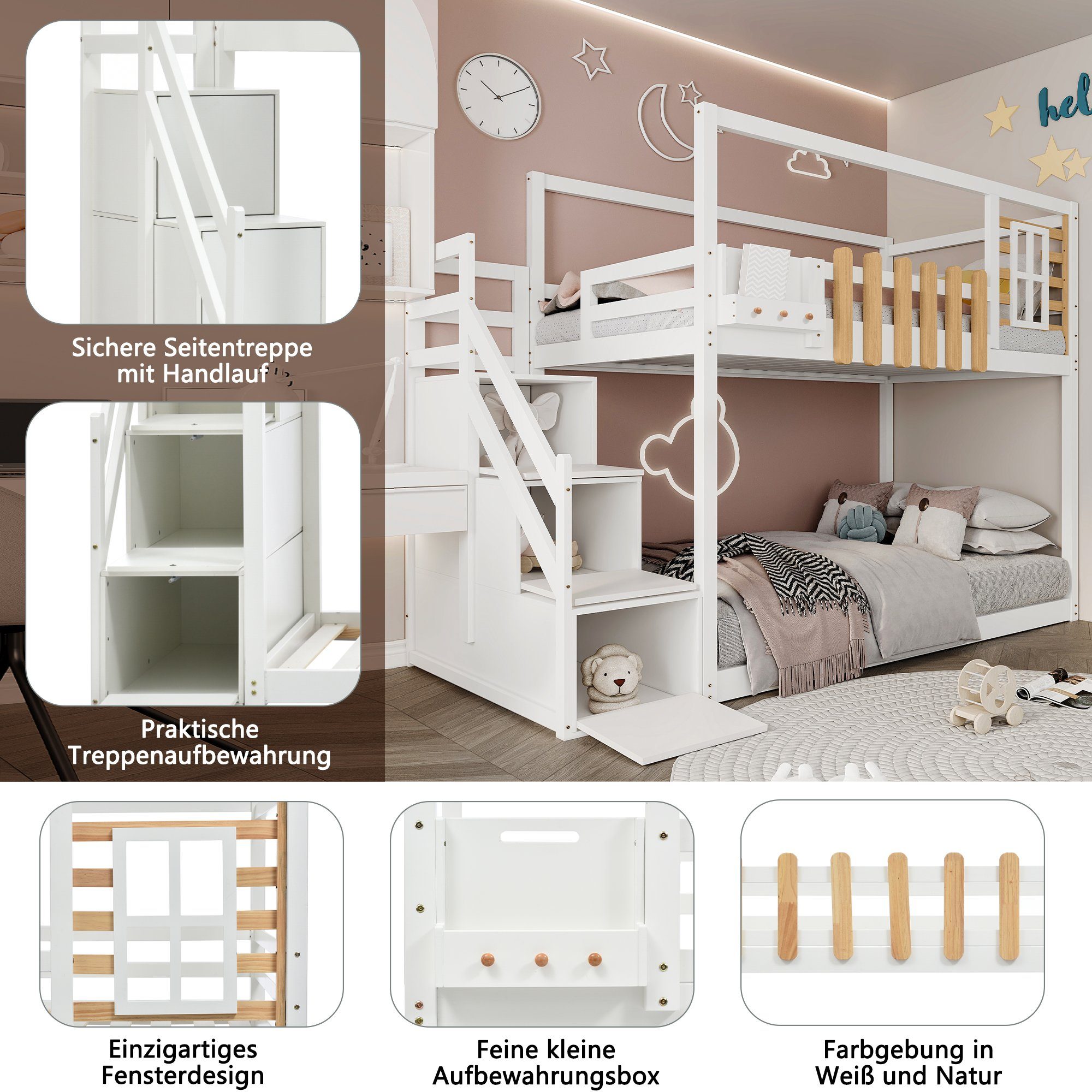 REDOM Kinderbett Kinderbett Einzelbett Gästebett Bett (mit 3 Schließfächer in der Treppe, mit Fallschutzgitter, mit Treppe, Fenster und Regalkasten), Rahmen aus massivem Kiefernholz, Ohne Matratze