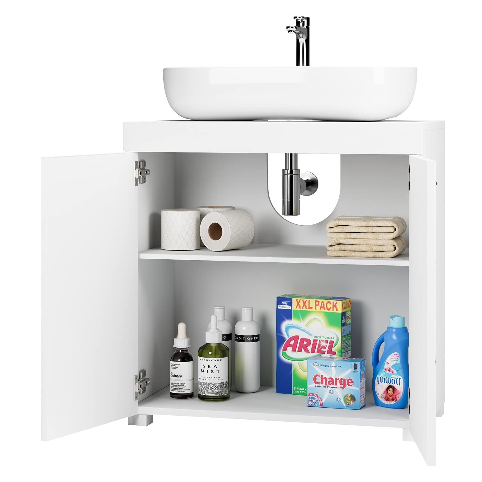 Homfa Waschbeckenunterschrank Unterschrank Badezimmerschrank, mit 2 Türen, weiß, 60x31x60cm