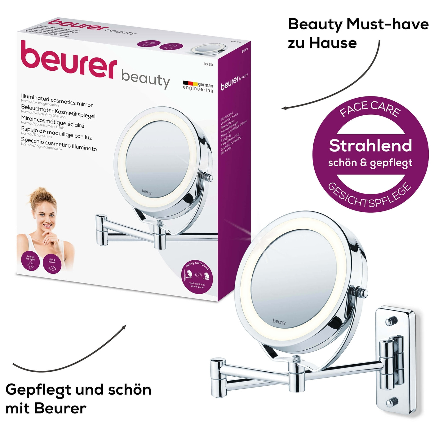 Beleuchteter Kosmetikspiegel BS 59-2-in-1 Wand- und Standspiegel beleuchtet mit 5-fach Zoom