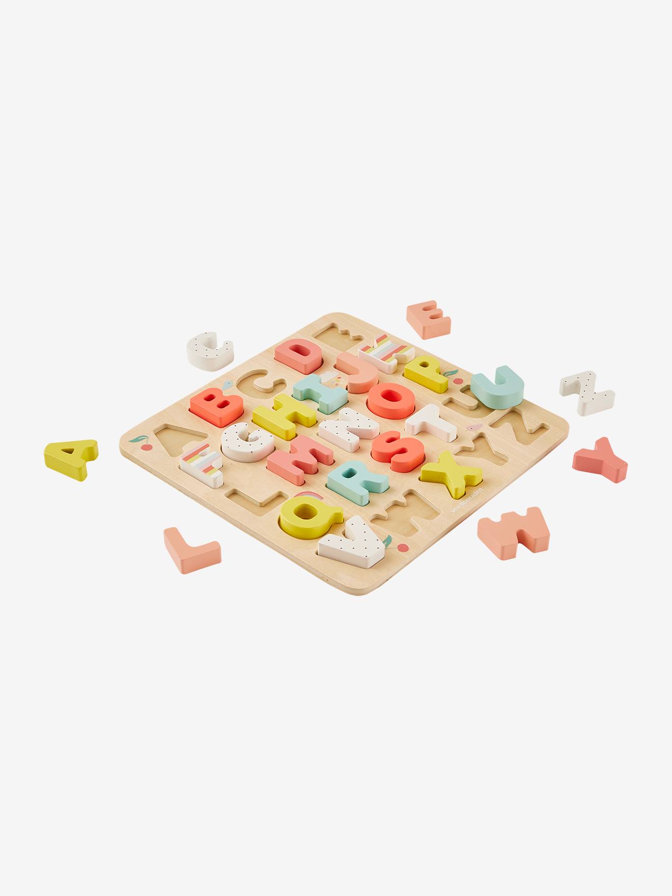 Puzzle lettres à encastrer en bois FSC® rose clair uni avec decor