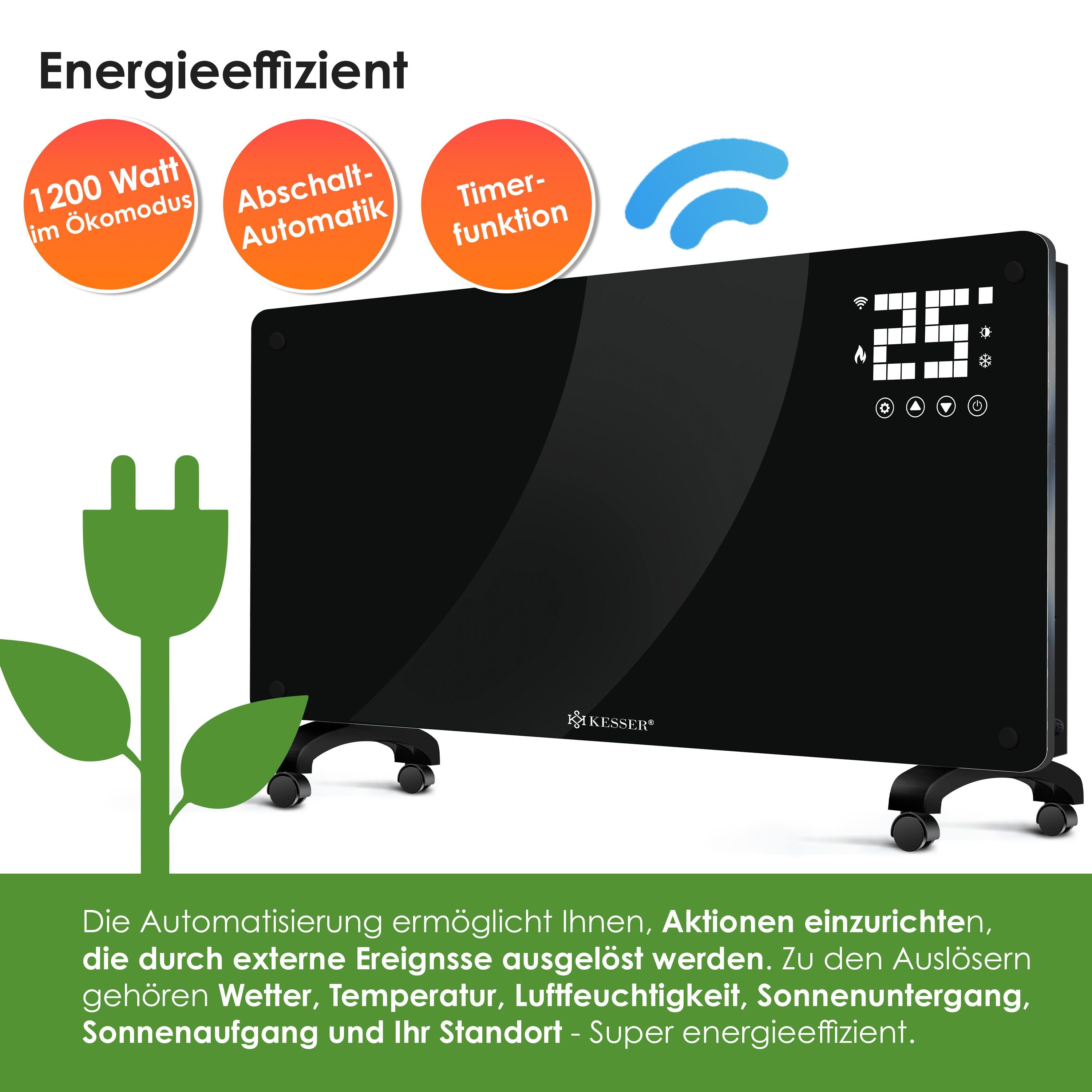 KESSER Heizgerät, 2500 W, Glaskonvektor Glas Heizung Elektroheizkörper APP WiFi + Fernbedienung