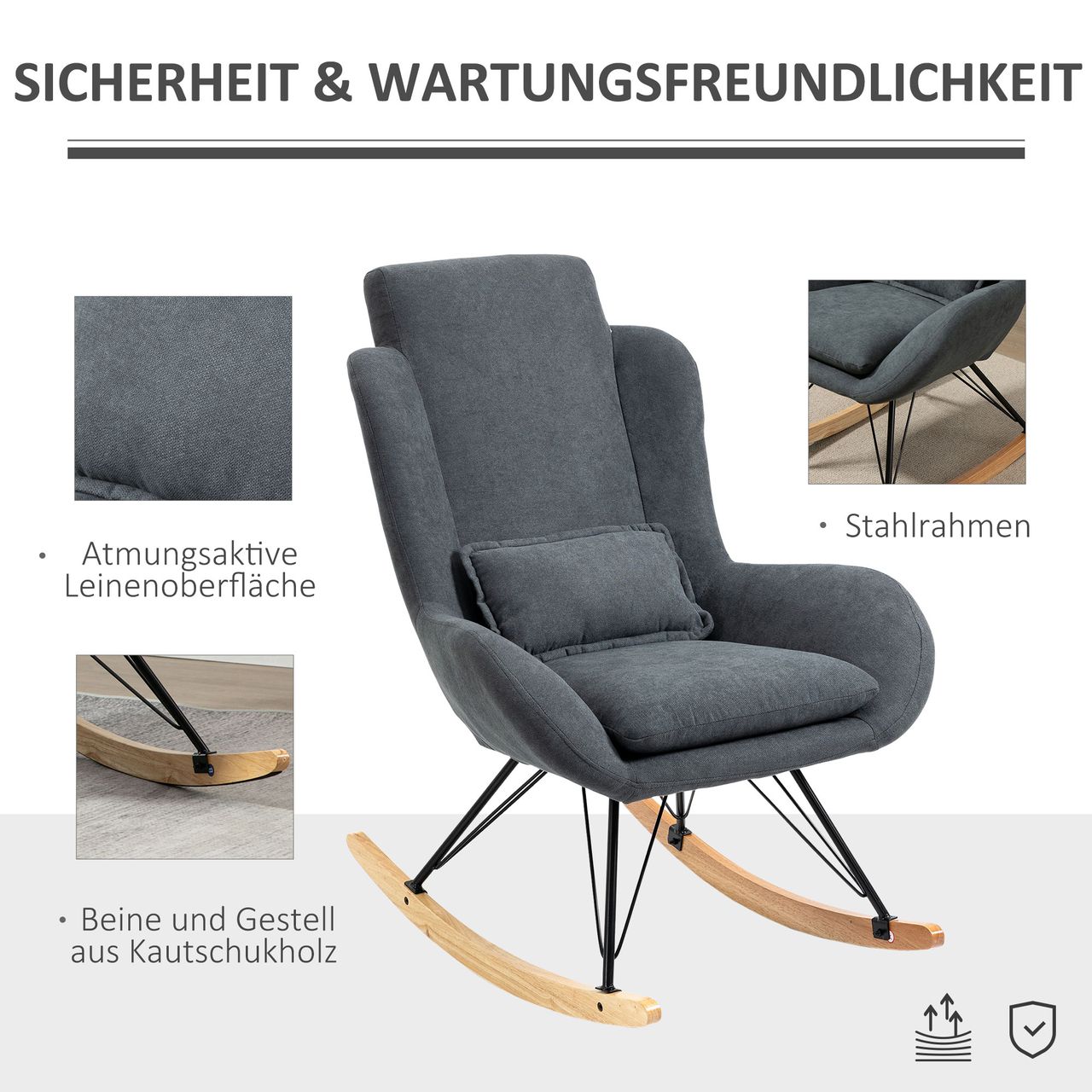 HOMCOM Schaukelstuhl Liegestuhl Lesesessel 90-135° Schaukel Leinen Gummiholz Dunkelgrau 75 x 95 x 110 cm