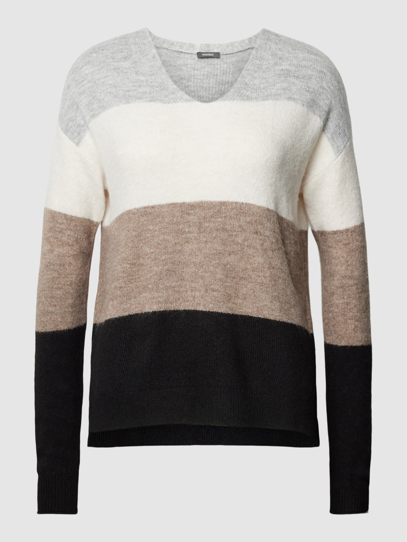 Strickpullover mit Blockstreifen in taupe meliert