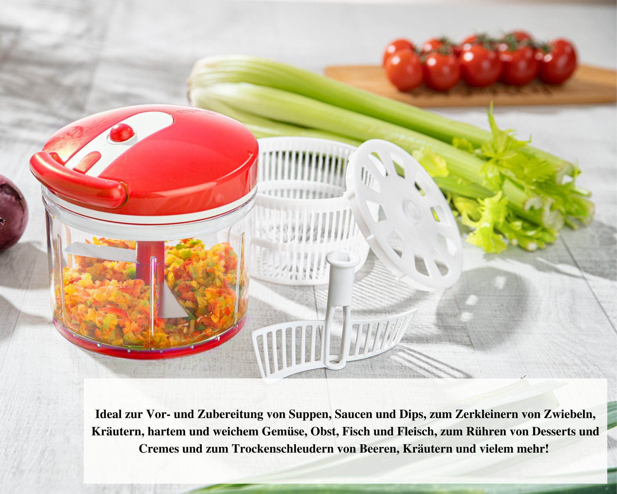 Genius Gemüsehobel Nicer Dicer Twist 9 tlg. Gemüseschneider, (Set, Zwiebelschneider Universal Zerkleiner), Salatschleuder Sieb mit Seilzug mit Fassungsvermögen 1000 ml