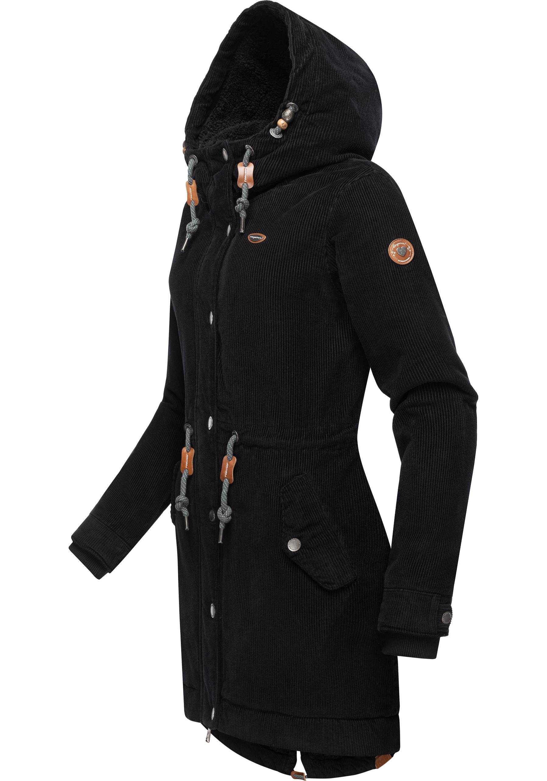 Ragwear Winterjacke Canny Corduroy stylischer Damen Cordmantel mit Kapuze
