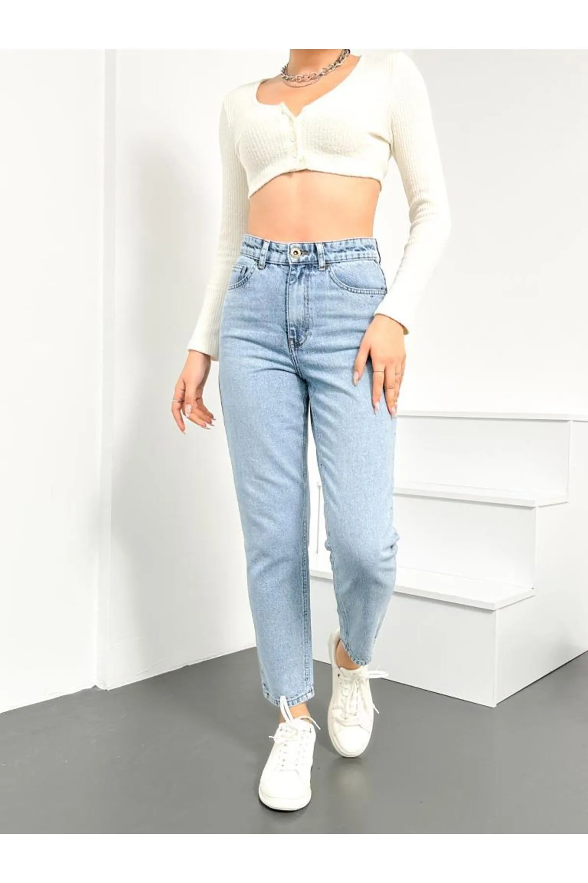 HLT JEANS  Blue Snow Damen-Mom-Jeans mit hoher Taille, Lycra-frei, Denim-Hose aus 100 % Baumwolle, Anna-Modell