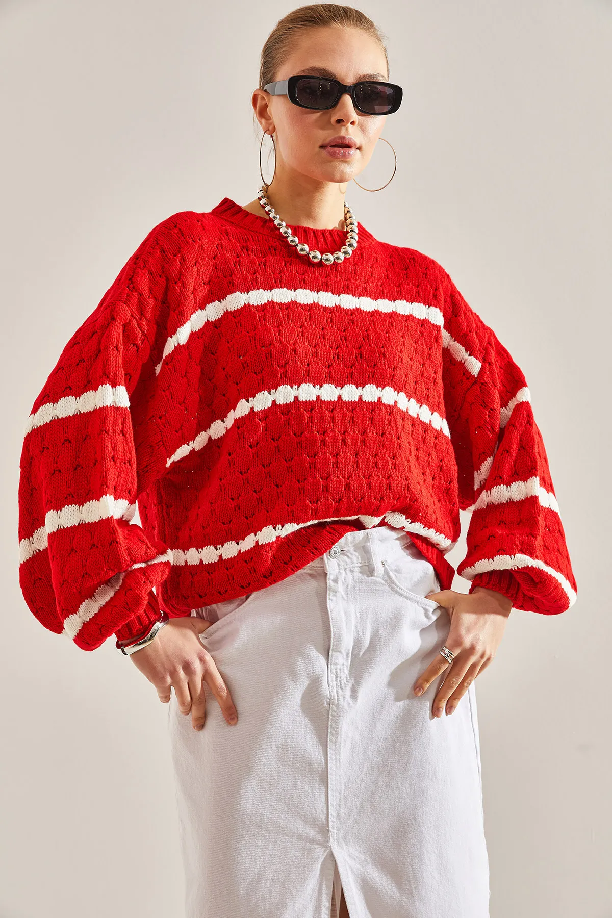 Bianco Lucci  Gestreifter Wabenstrickpullover mit Ballonärmeln für Damen
