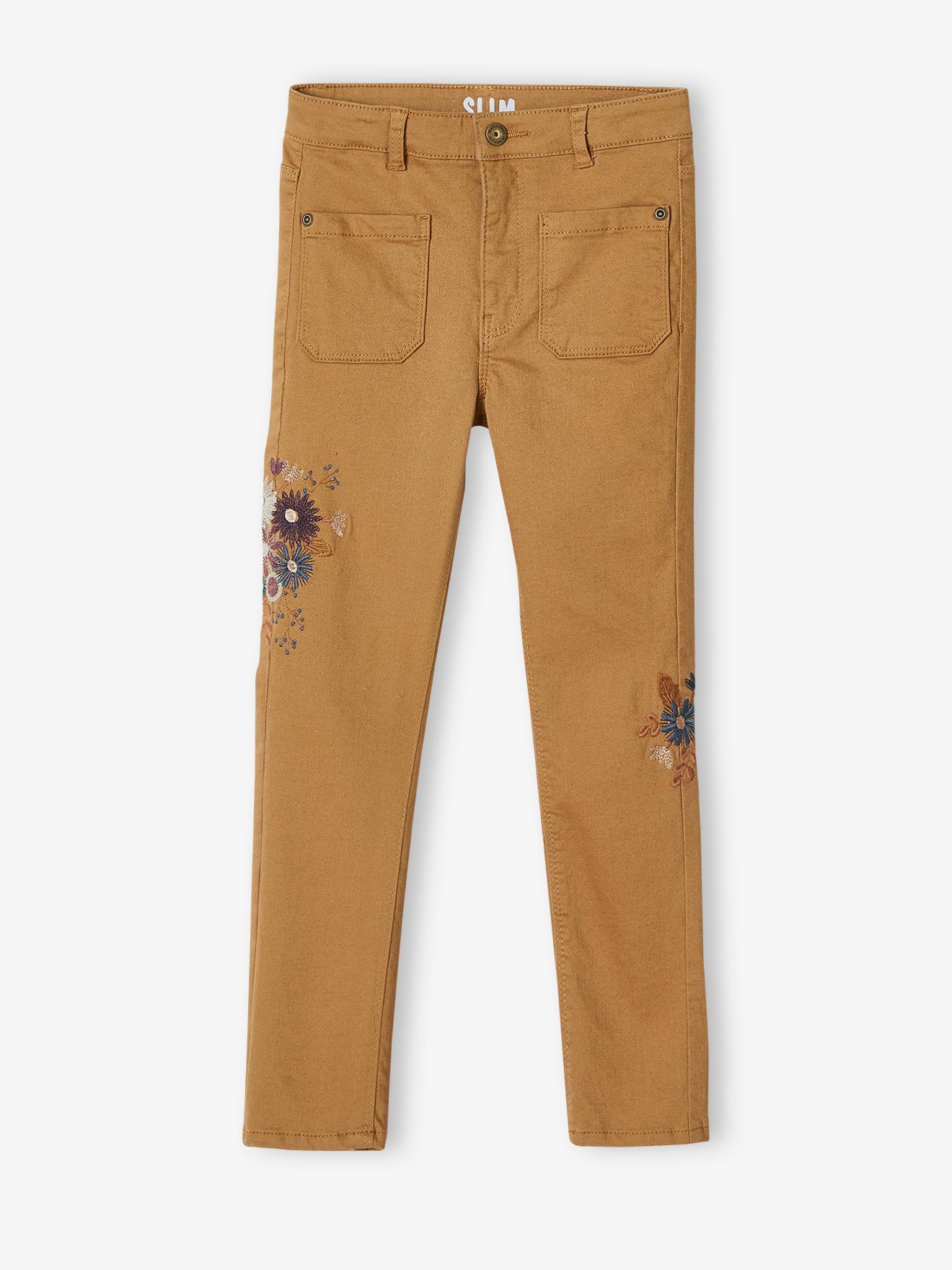 Pantalon slim brodé fleurs fille taille haute vert