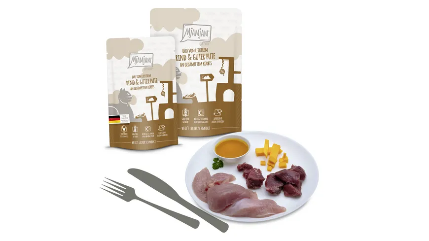 MjAMjAM Katzennassfutter Quetschie Duo von leckerem Rind & guter Pute an gedämpftem Kürbis 125 g