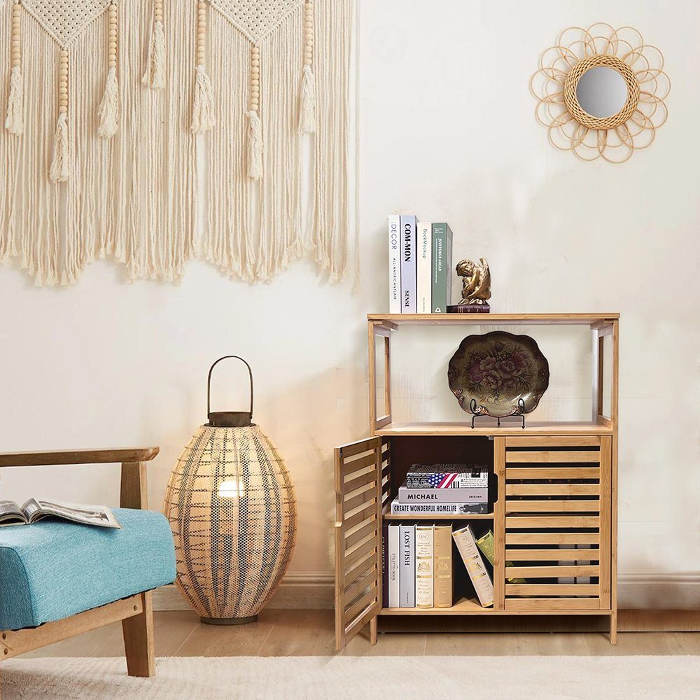 WAOHO Badkommode Badezimmerschrank Bambus, Sideboard Wohnzimmer, Schließfach 65X87X33cm, Abnehmbare Partition