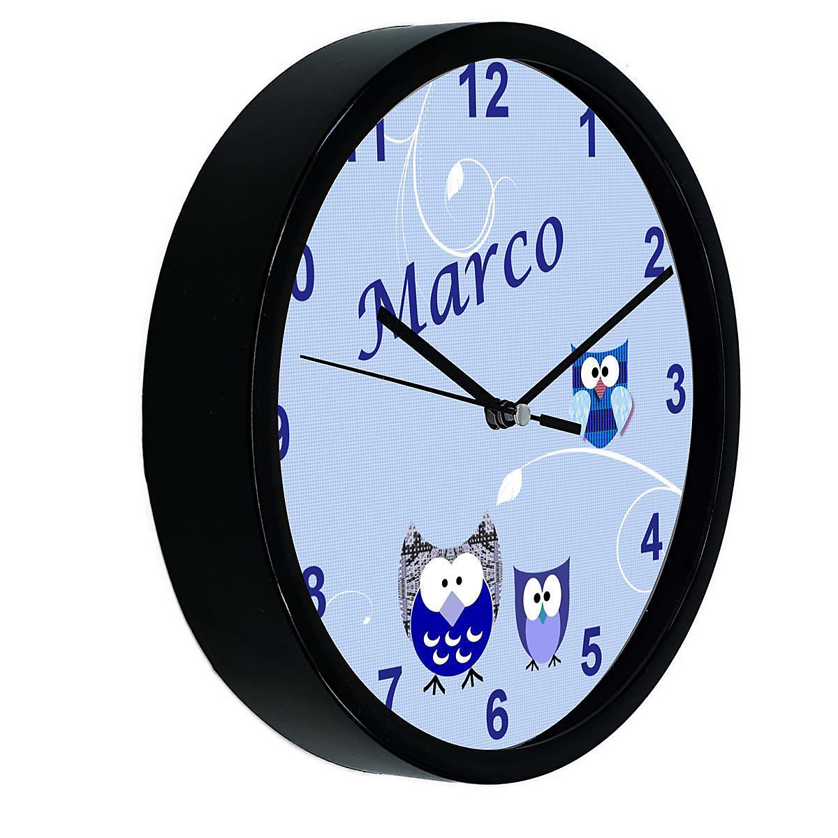 Kinder Wanduhr laufruhig personalisiert mit Name Eule Blau
