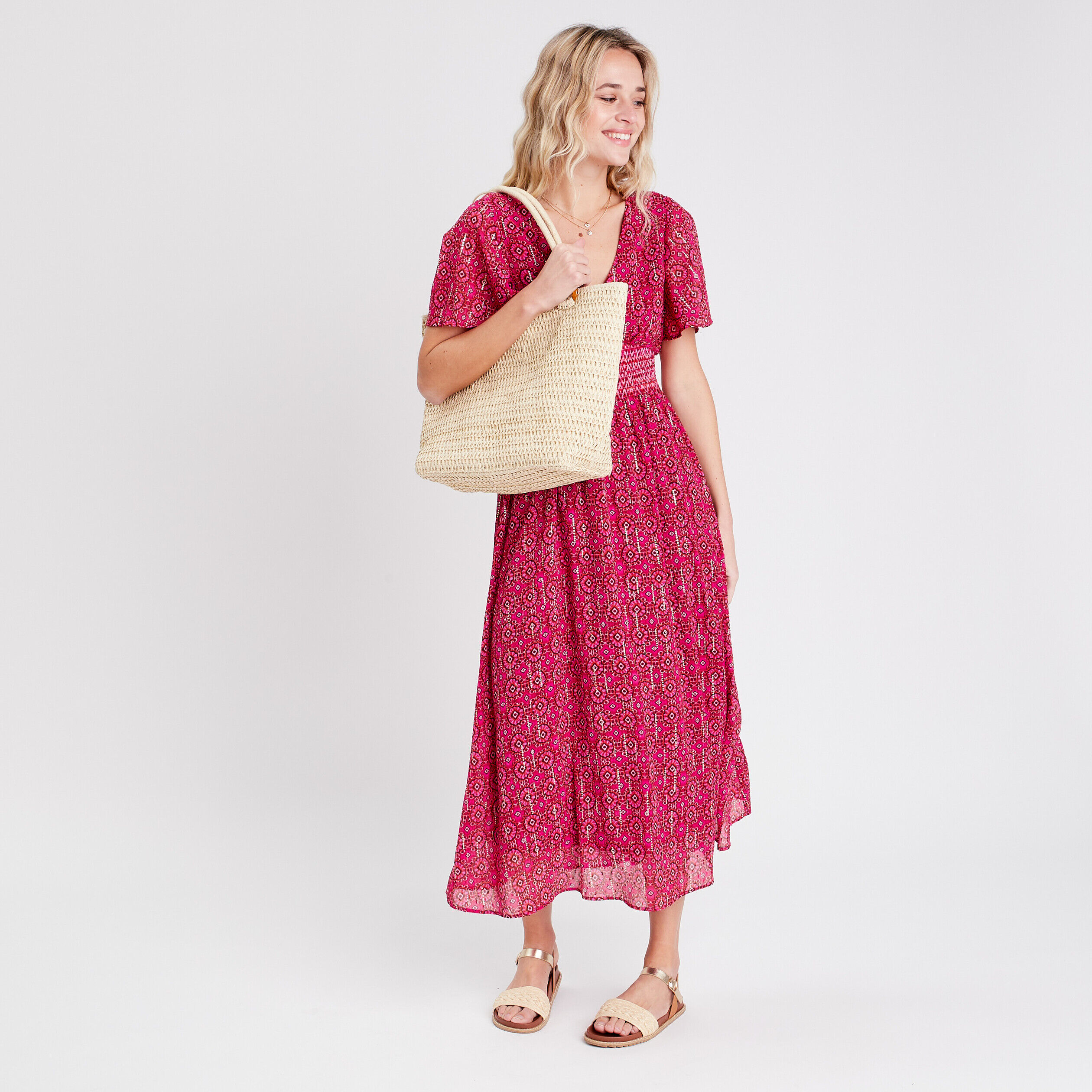 Robe évasée avec manches courtes rose femme | Cache Cache