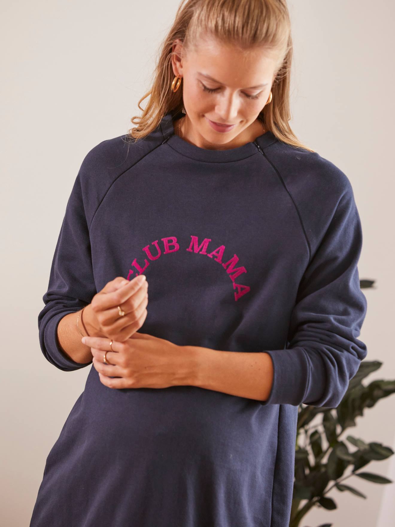 Robe-sweat courte à message grossesse et allaitement bleu marine