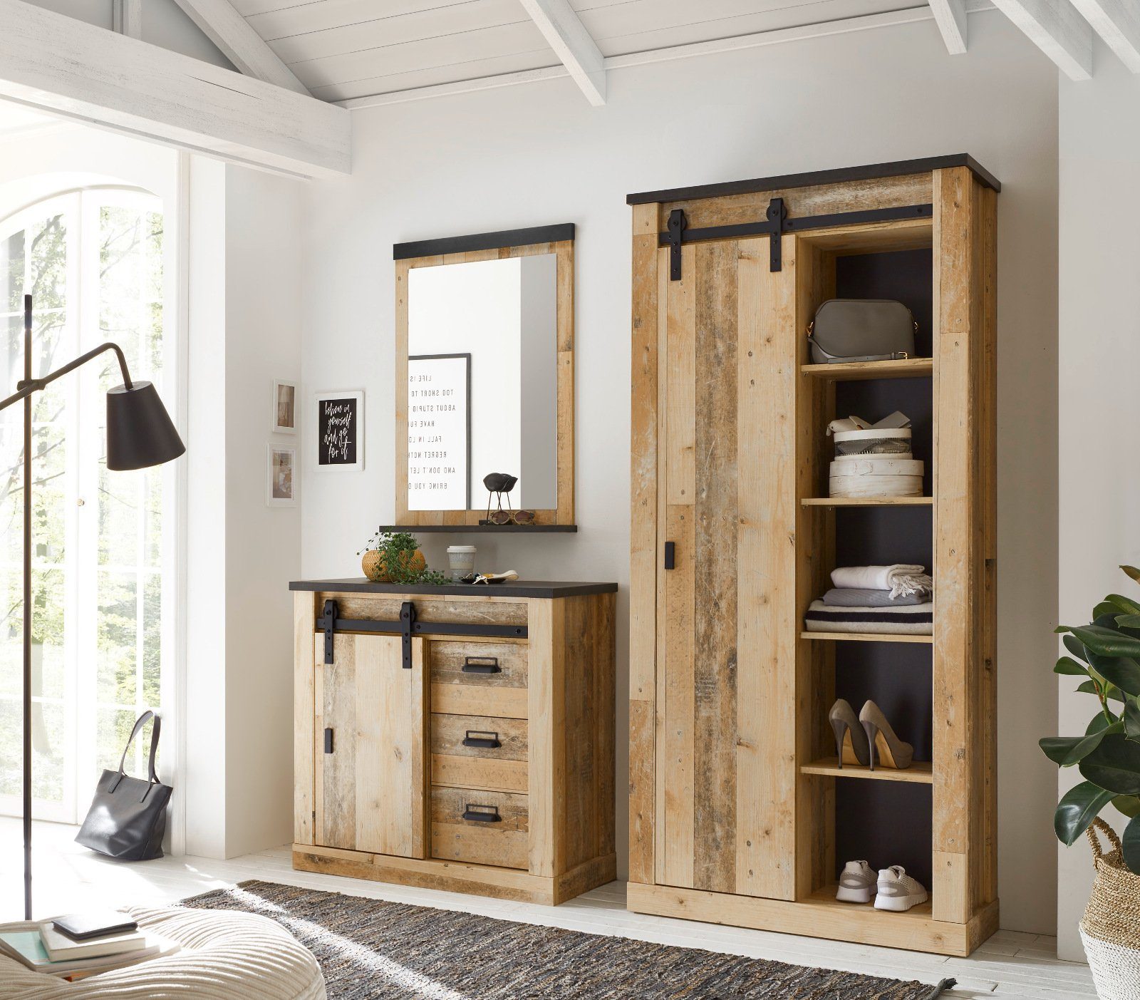 Furn.Design Mehrzweckschrank Stove (Büroschrank in Used Wood Vintage, 93 x 201 cm) mit Schiebetür