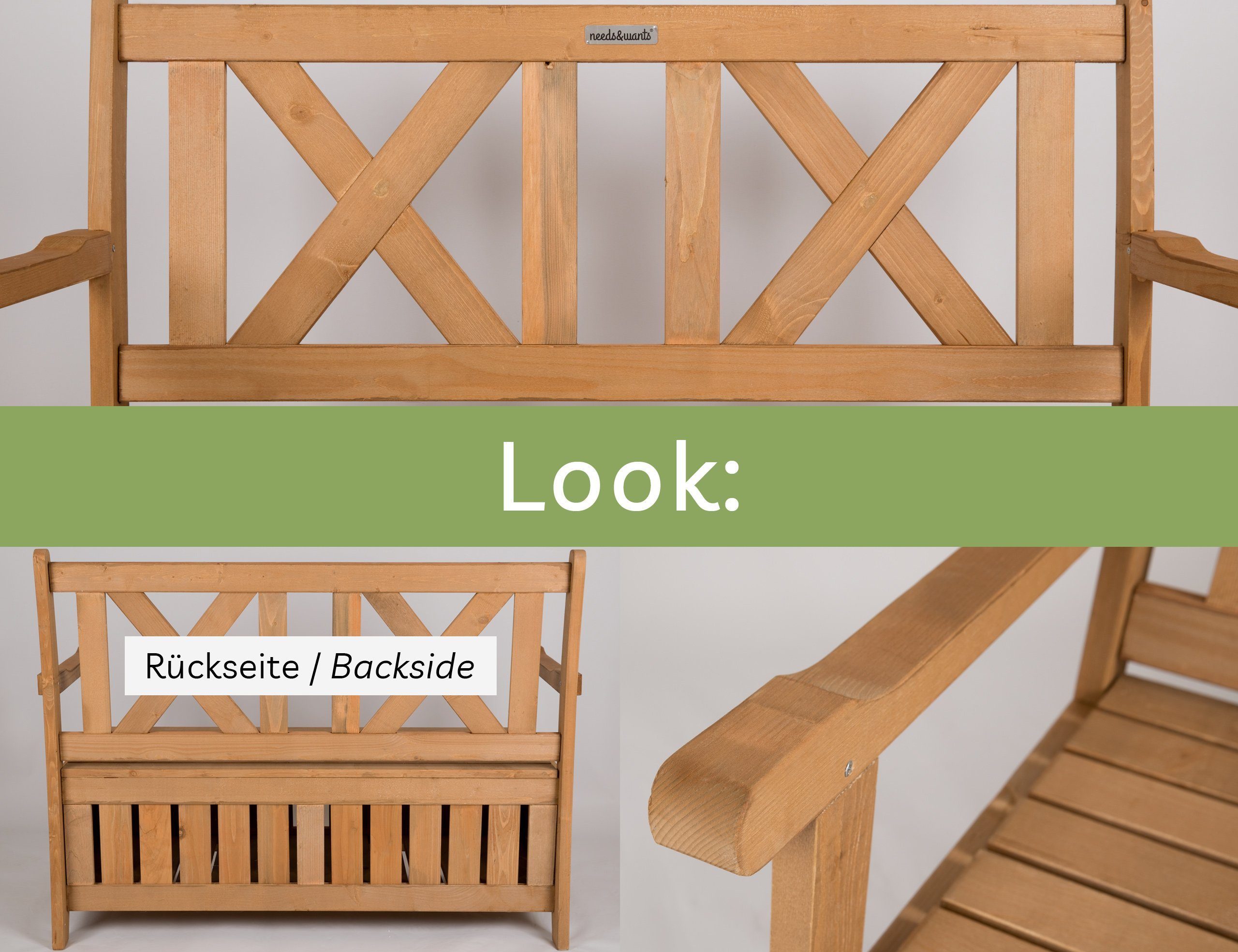 needs&wants® Gartenbank Holz wetterfest mit Stauraum, Truhenbank Holzbank Sitzbank Truhe braun
