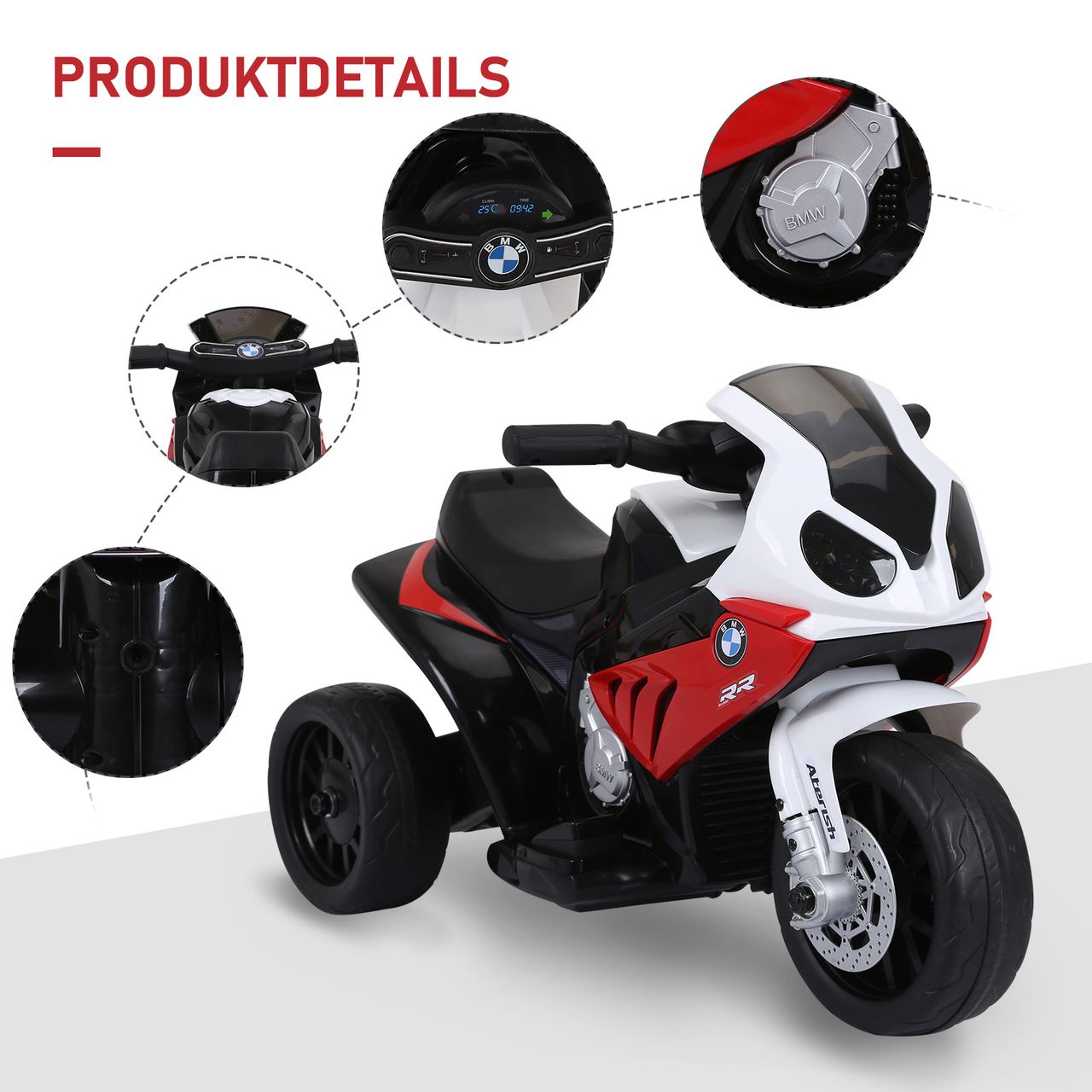 HOMCOM Elektro Kindermotorrad Kinderfahrzeug Lizensiert von BMW S1000RR Elektro-Dreirad mit Akku Stahl Rot 66 x 37 x 44 cm