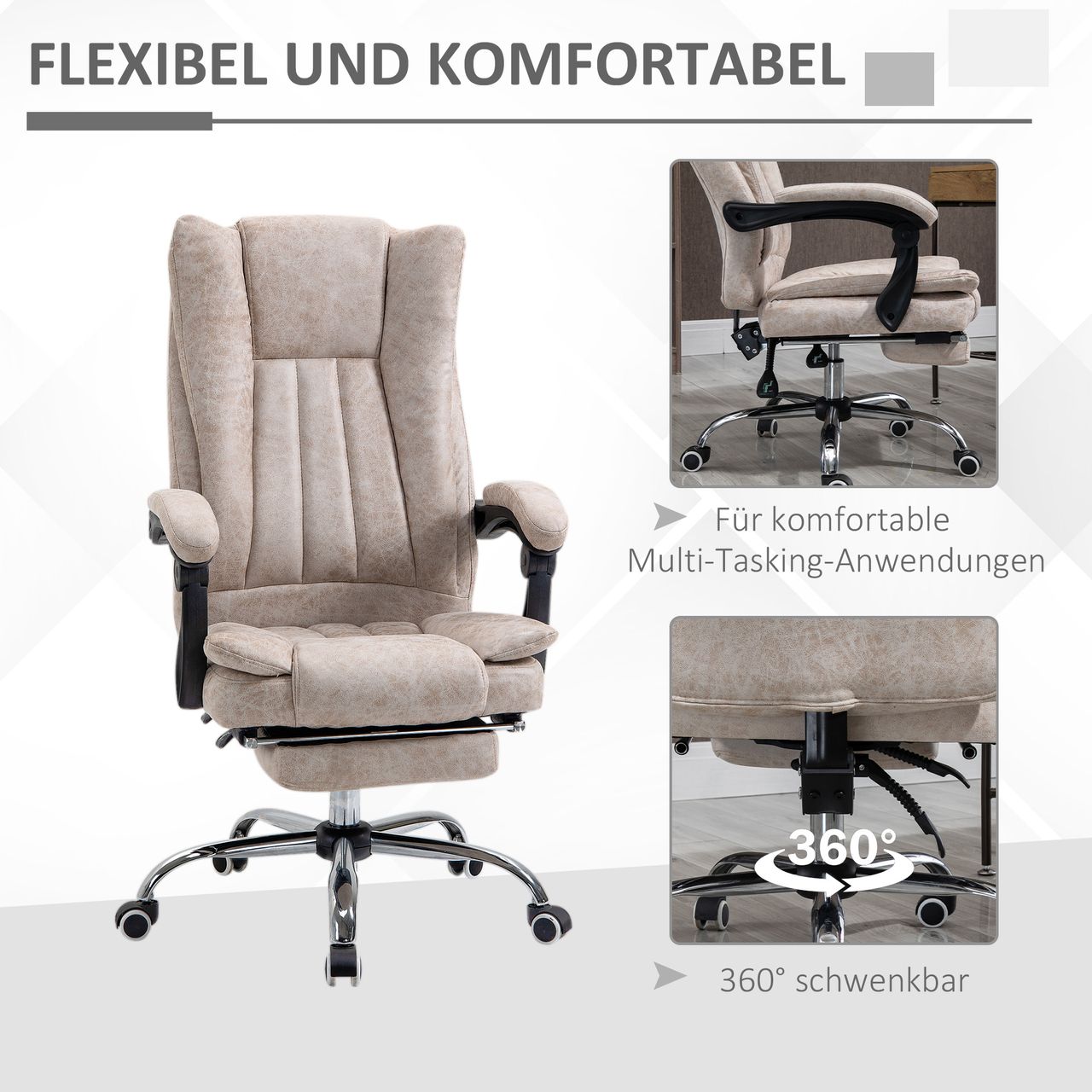 Vinsetto Bürostuhl Drehstuhl mit Liegefunktion Fußstütze Bürosesse Beige Schwarz Silber 63 x 71 x 110-118 cm