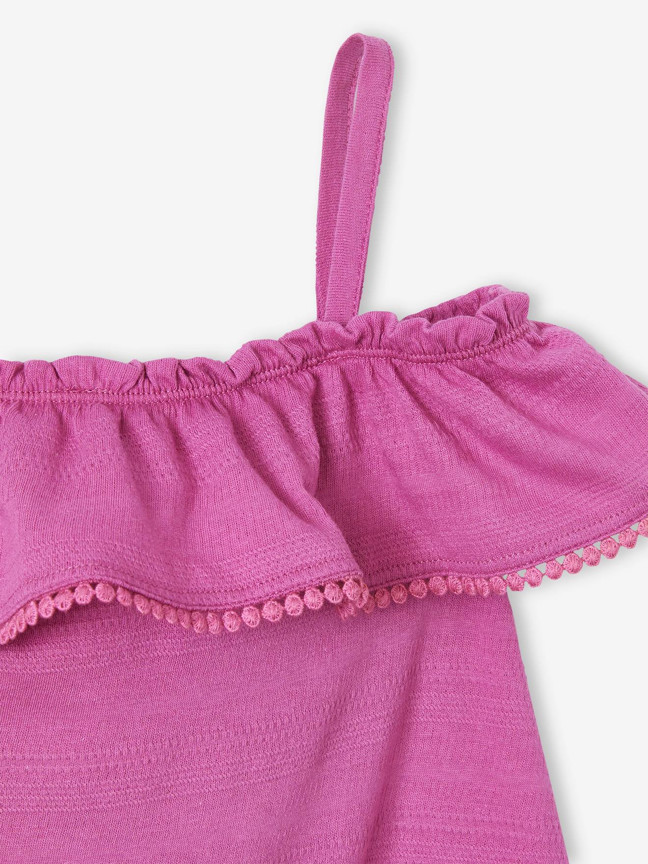 Débardeur volanté fille en tissu fantaisie reliéfé pivoine