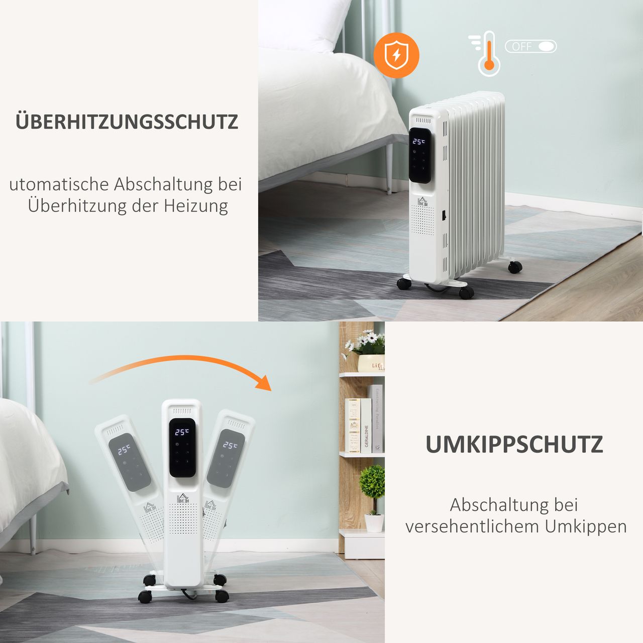 HOMCOM Ölradiator tragbar elektrisch Heizkörper 2290-2720W 3 Heizstufen 24-Stunden-Timing elektrische Heizung 11 Heizplatten mit 4 Rollen Weiß Metall 50,5 x 24 x 63 cm
