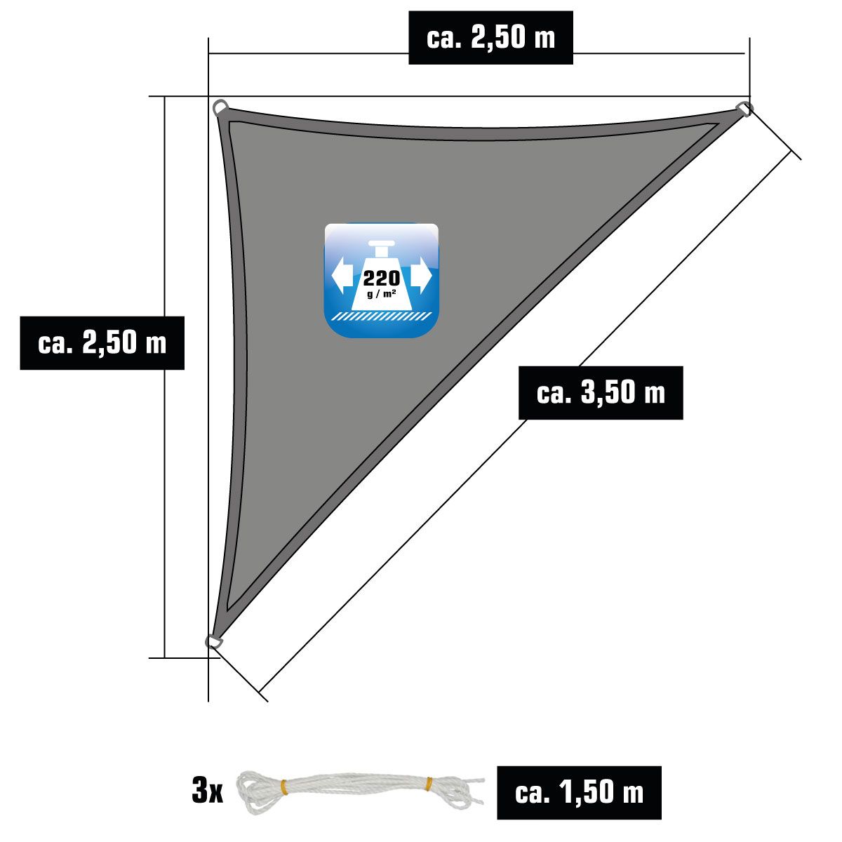 AMANKA 2,5 x 2,5 x 3,5 atmungsaktives UV Sonnensegel