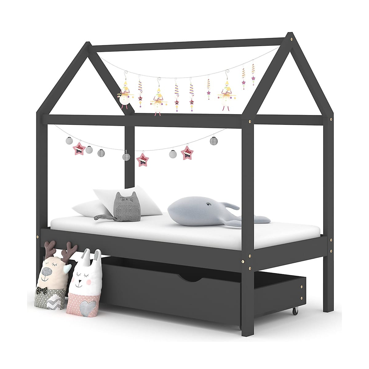 Kinderbett mit Schublade Dunkelgrau Massivholz Kiefer 70x140 cm Kinder Bettrahmen