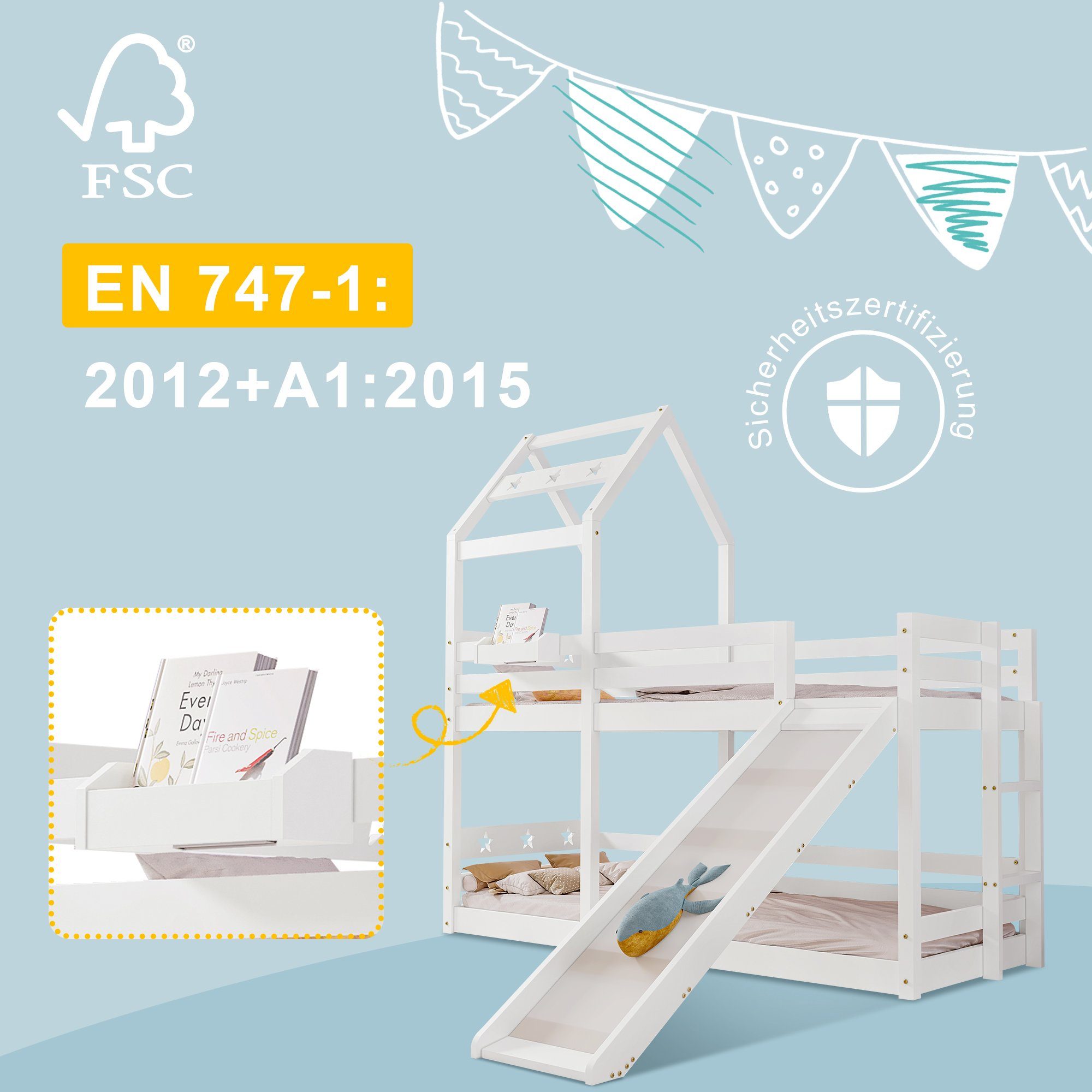 BlingBin Etagenbett Kinderbett Baumhaus Hochbett für Kinder (1-St., mit Rutsche & Leiter 90 x 200 cm), Rundum-Absturzschutz