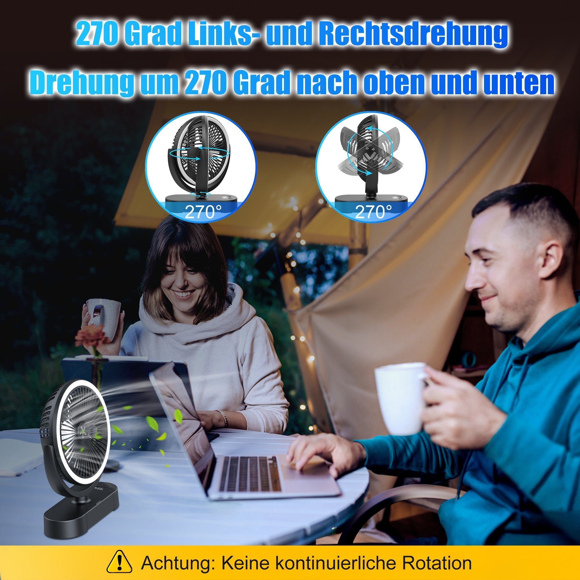 Mutoy Mini USB-Ventilator Tischventilator Mini Ventilator 10000mAh, Tragbarer Mit Fernbedienung, 3 Speeds, Leise 270°Drehung für Auto Schlafzimmer Büro Camping Outdoor