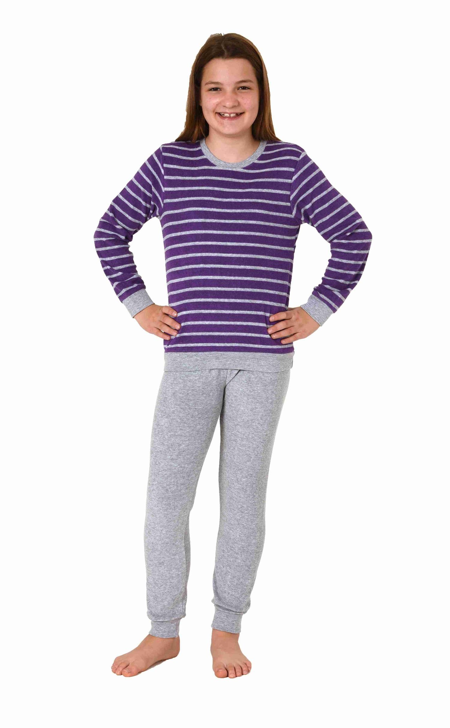 Normann Pyjama Mädchen Frottee Pyjama lang mit Bündchen Schlafanzug mit Herz Motiv