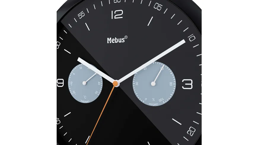 Mebus Quarzwanduhr mit Thermo- und Hygrometer schwarz
