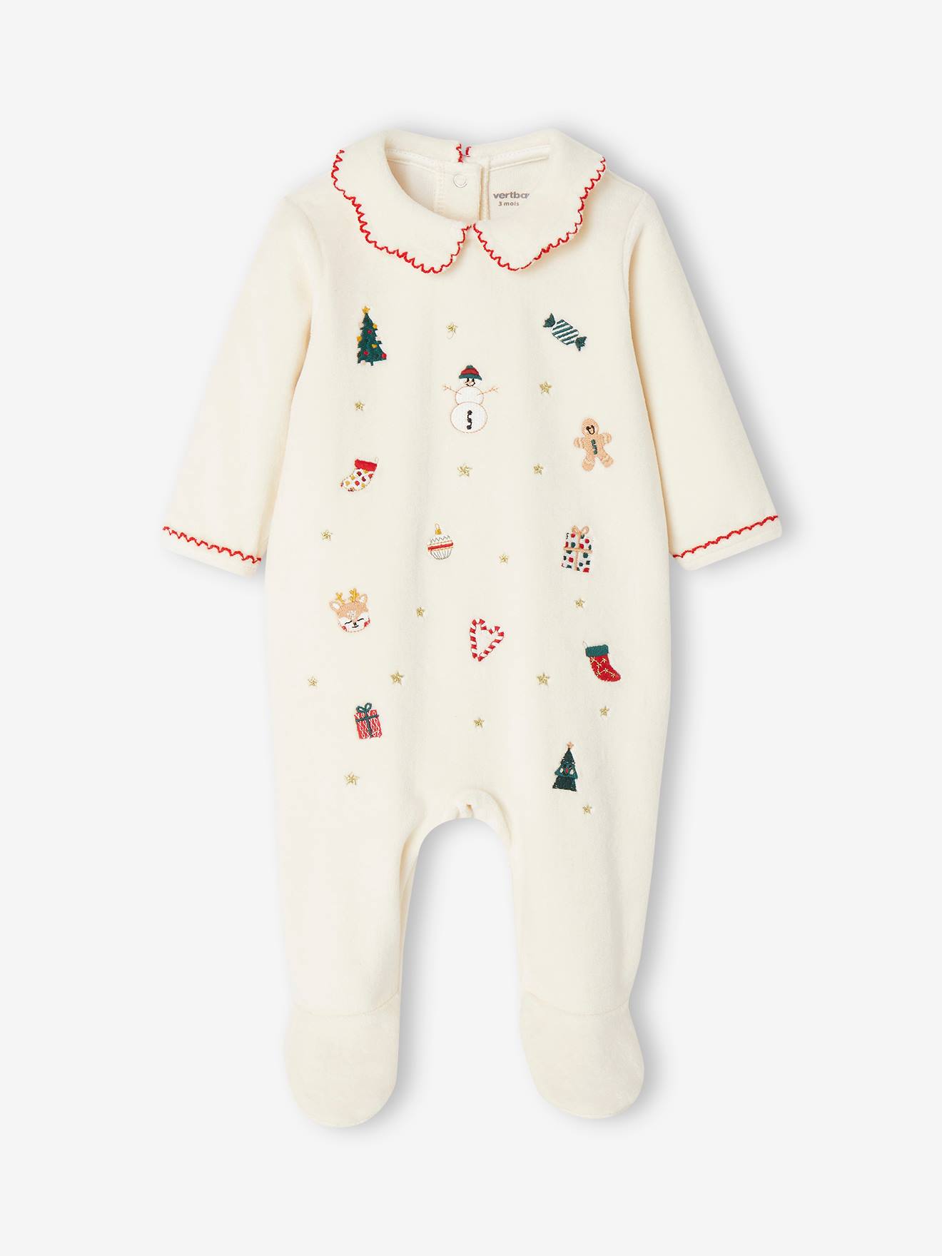 Vertbaudet Baby Samt-Strampler mit Weihnachts-Stickereien Oeko-Tex - wollweiß