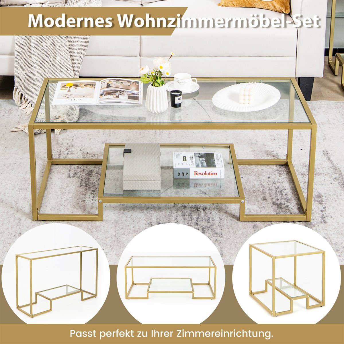 COSTWAY Couchtisch, Glas, Gold, mit Metallrahmen, 114 x 51 x 43,5 cm