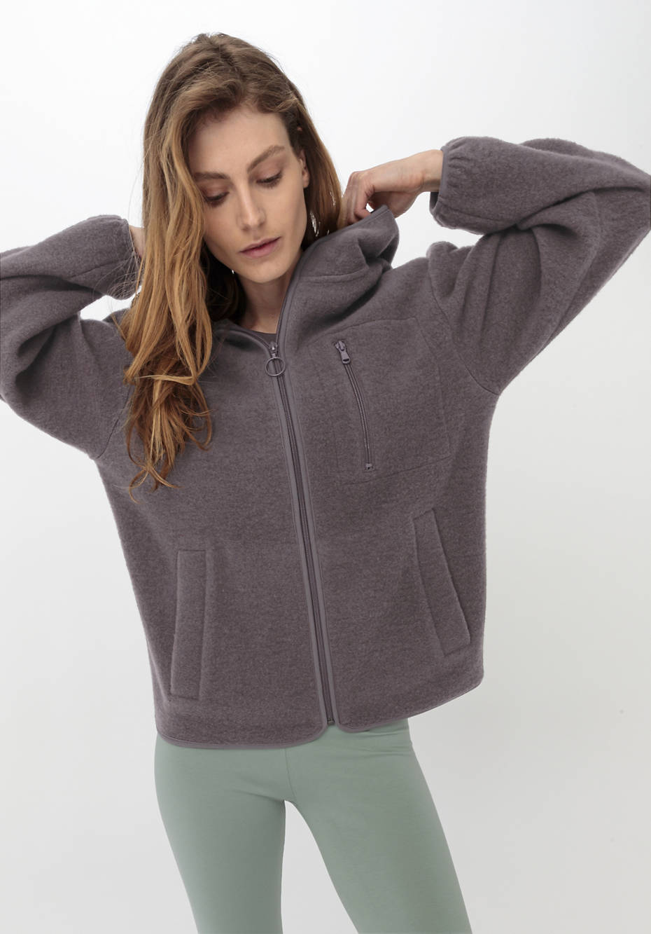Wollfleece Jacke mit Kapuze aus reiner Bio-Merinowolle