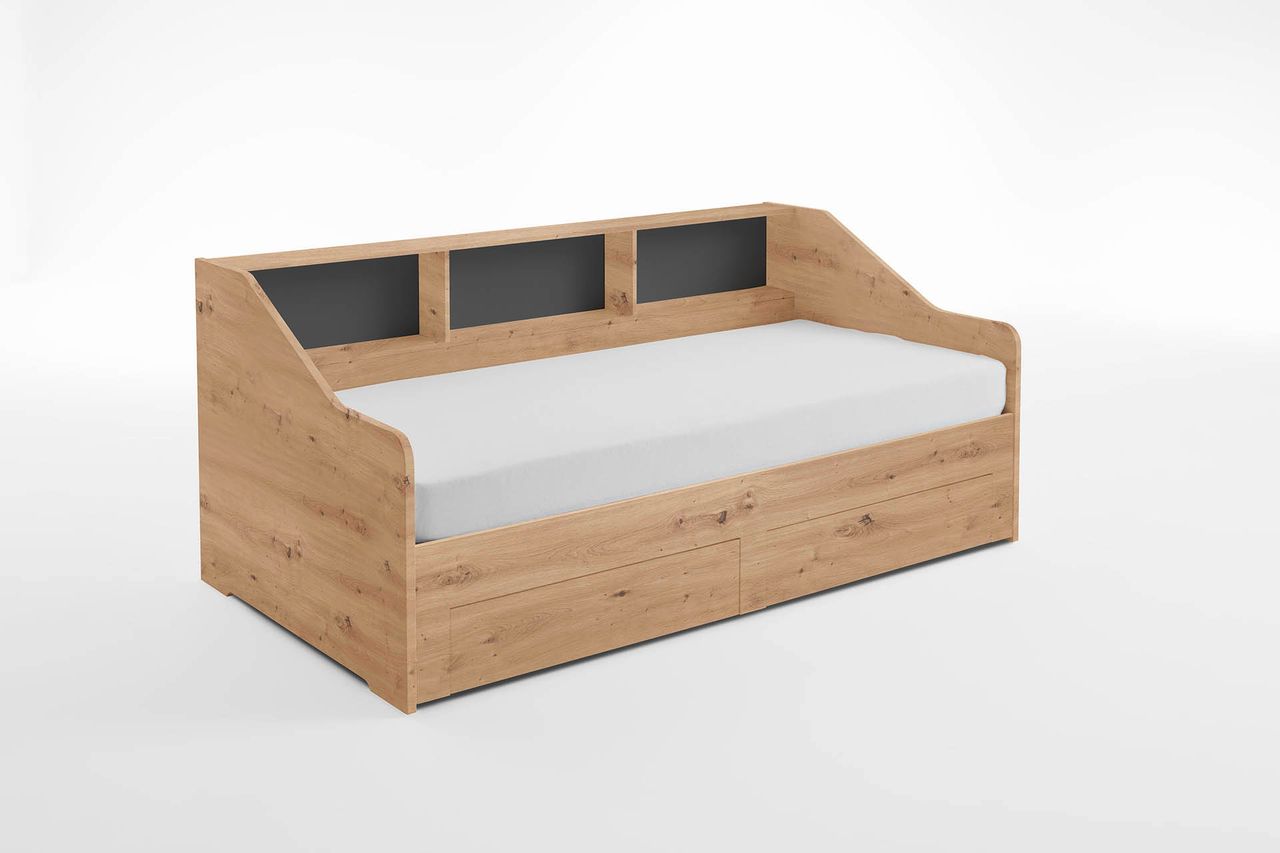 Relita Funktionsbett RENE von 90 auf 180 x 200 cm ausziehbar, mit 2 Schublade & Regal, Ausf. Eiche Artisan Dekor